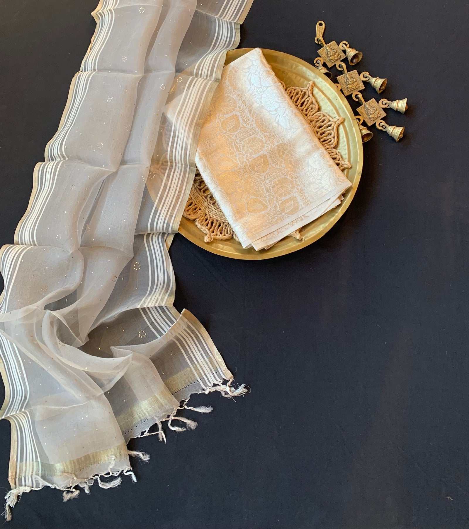 Greyish Silver  Banarasi Handloom Brocade 3 pc suit set