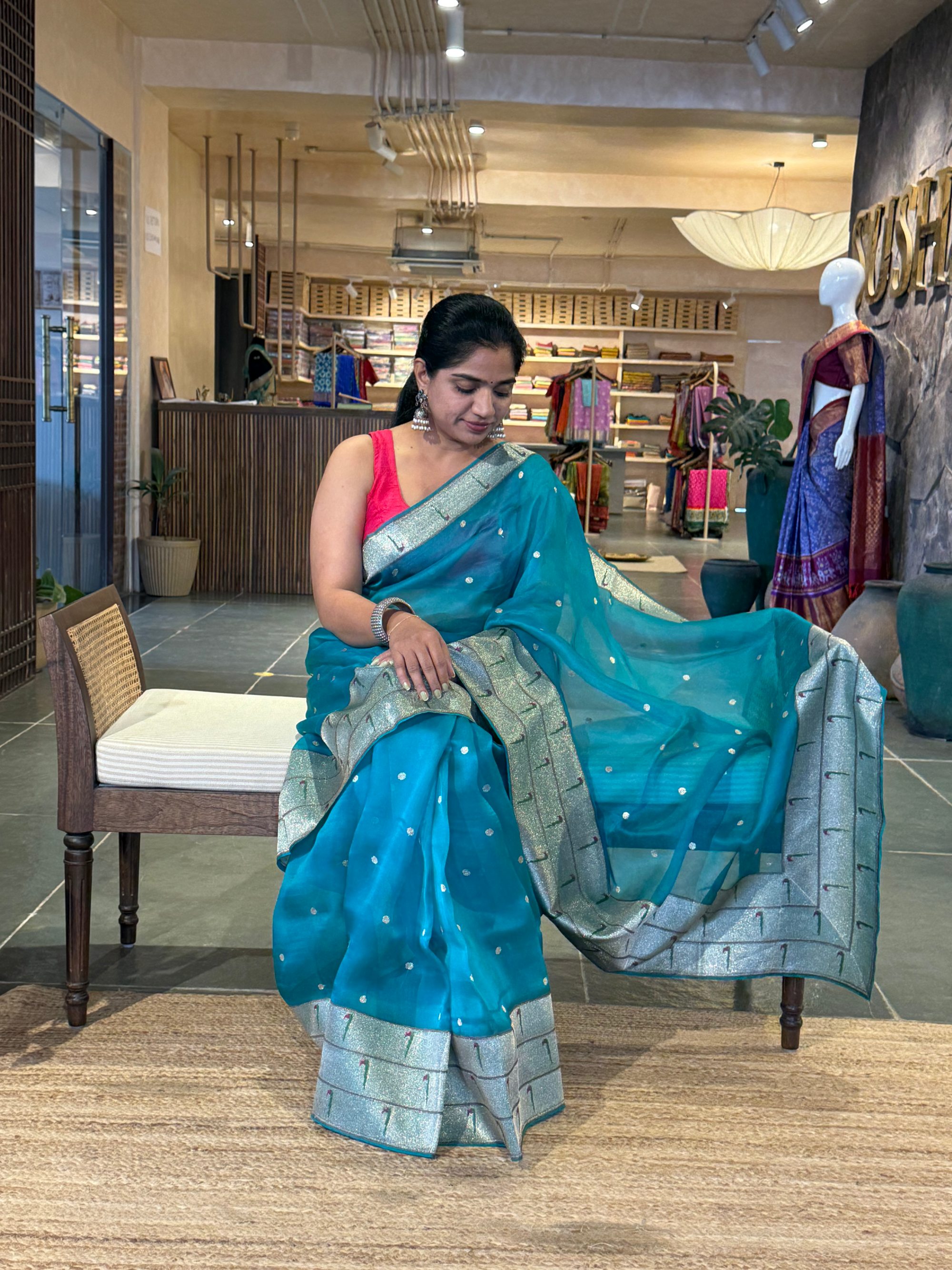 Peacock Blue Pure Handloom Kora Silk and Pythani Fusion Saree