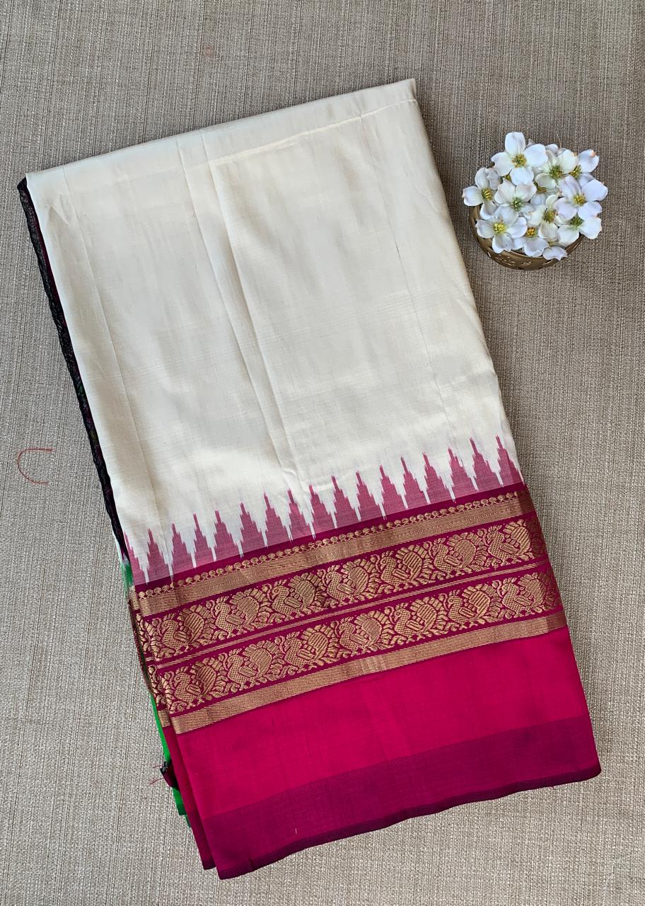 Pure Handloom Twill Ikkath Kanchi Saree With Ganga Jamuna Borders