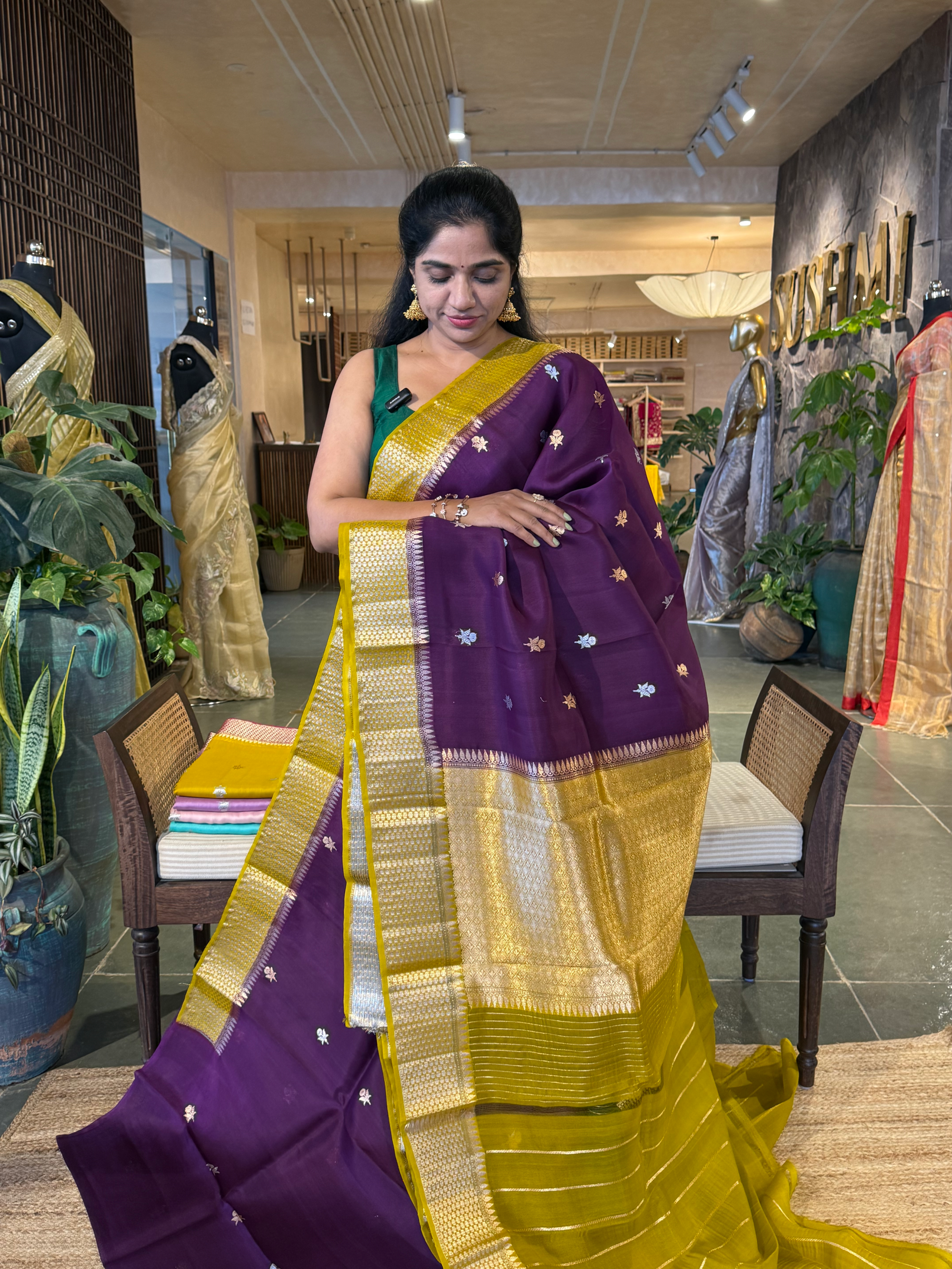 Violet & Lime yellow Combo Kora Banarasi  Saree with kaduwa Weaving