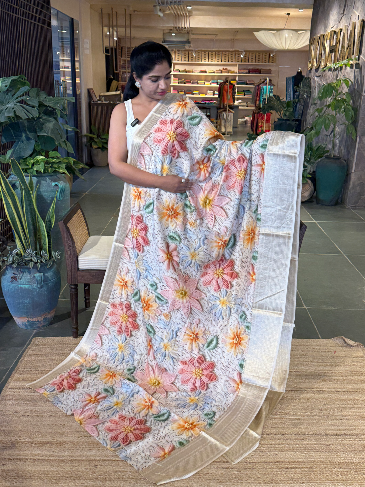 Banarasi Chiniya Silk Sarees with beautiful embroidery style 3D floral Print