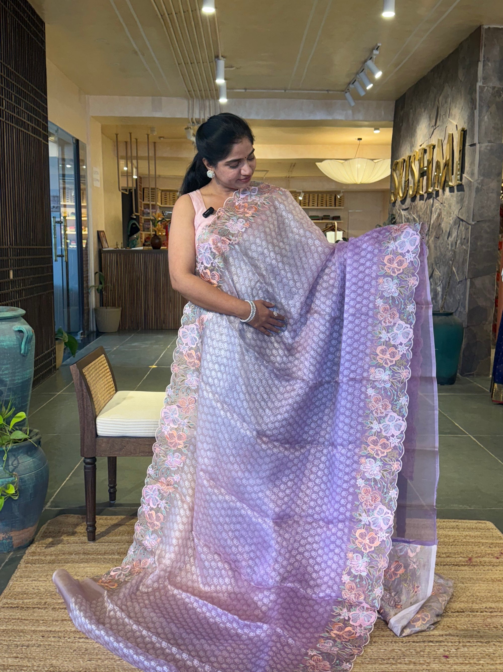 Lilac Pure Organza Brasso Saree with Stunning Embroidered Border and Blouse