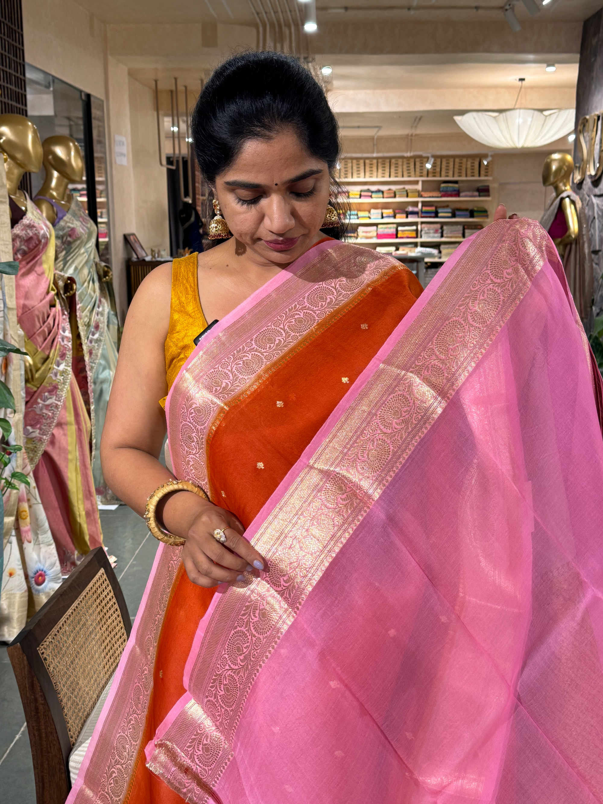 Burnt Orange and Baby Pink Combo Pure Handloom Kora Banarasi Saree
