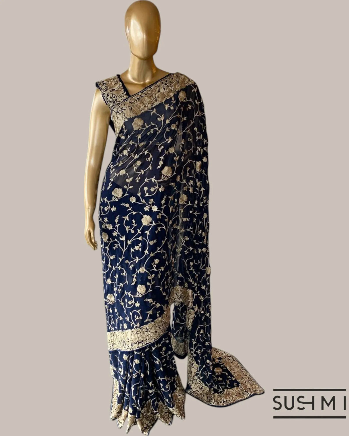 Coffee Brown Pure Gorgette Saree With Parsi Gara Style Allover Embroidery   Orig