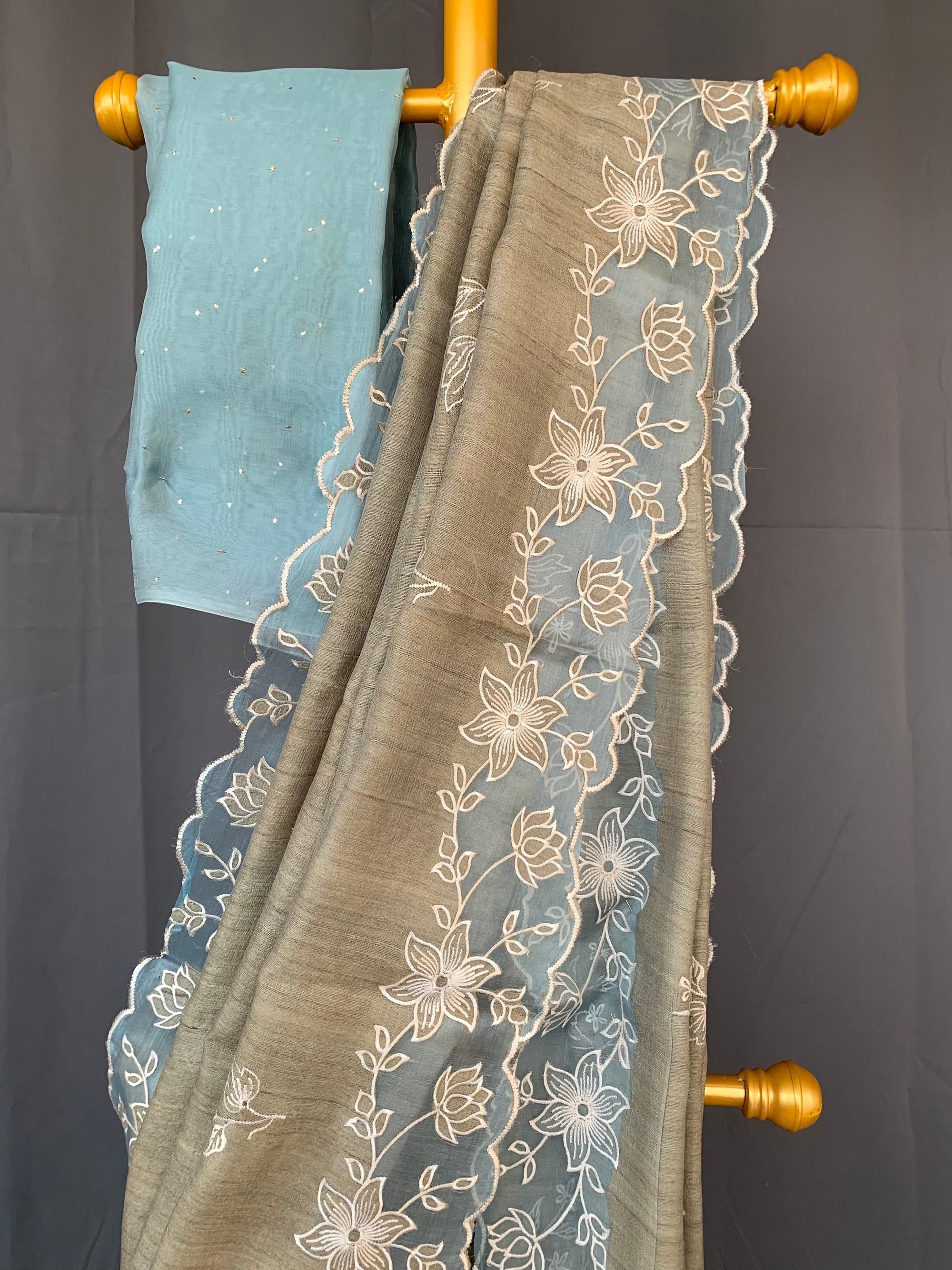 Pure handloom Tussar Designer Saree with Organza Applique Cutwork Border