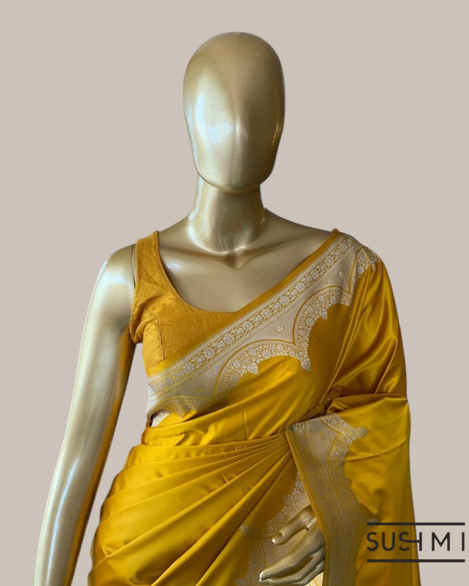 Mustard Mashru Silk Saree With Scalloped Border