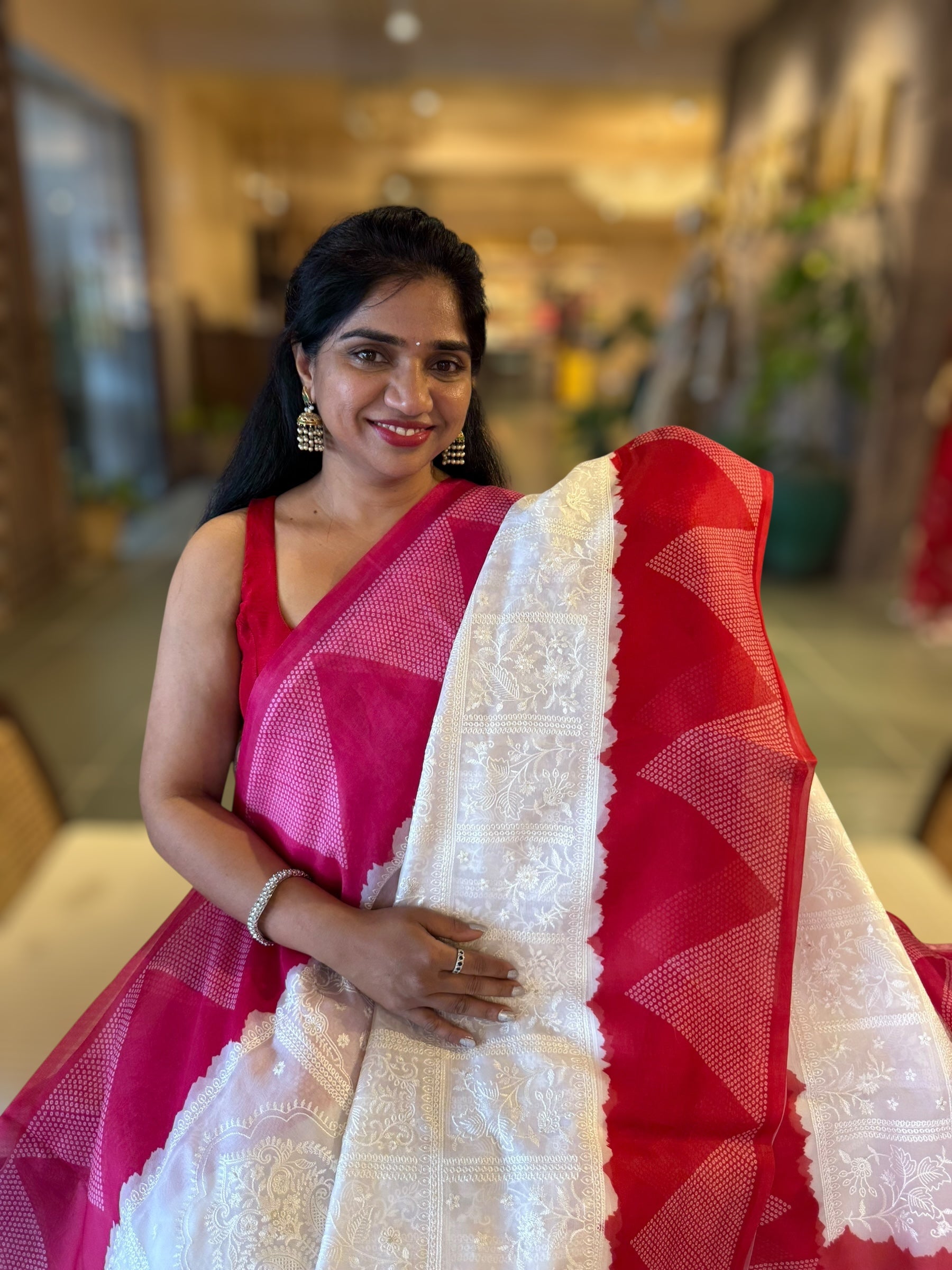 Organza Chikankari Embroidery Saree With Ganga Jamuna Bandhini Temple Borders