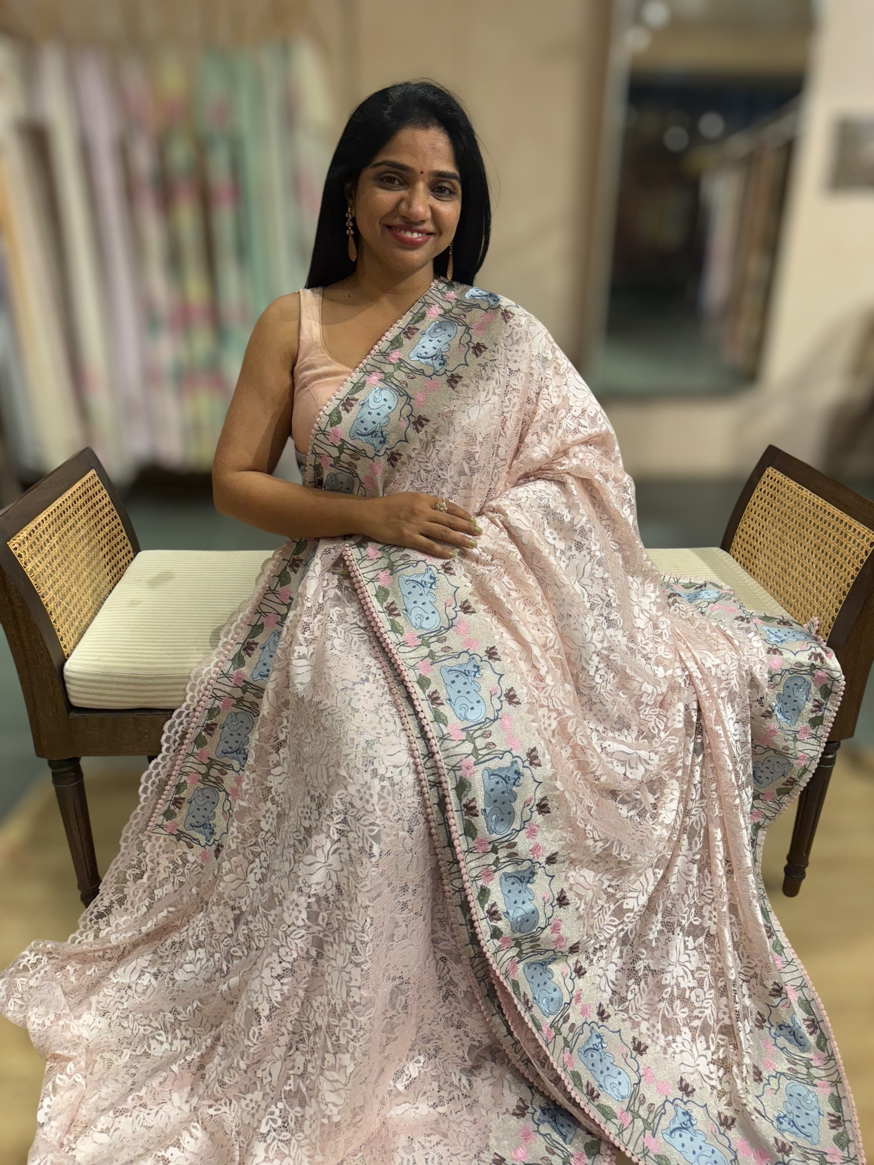 Pastel Pink Chantilly Lace Saree With Tissue Nandi  Embroidered Border