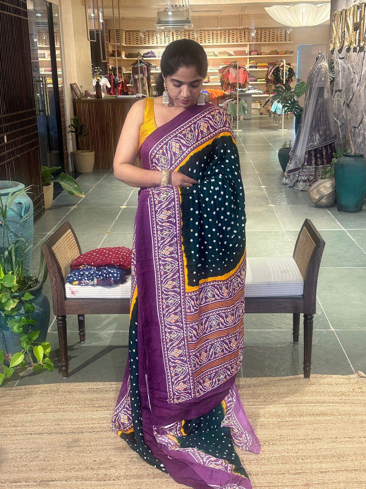 Modal satin Bandhej saree with patola printed border and pallu