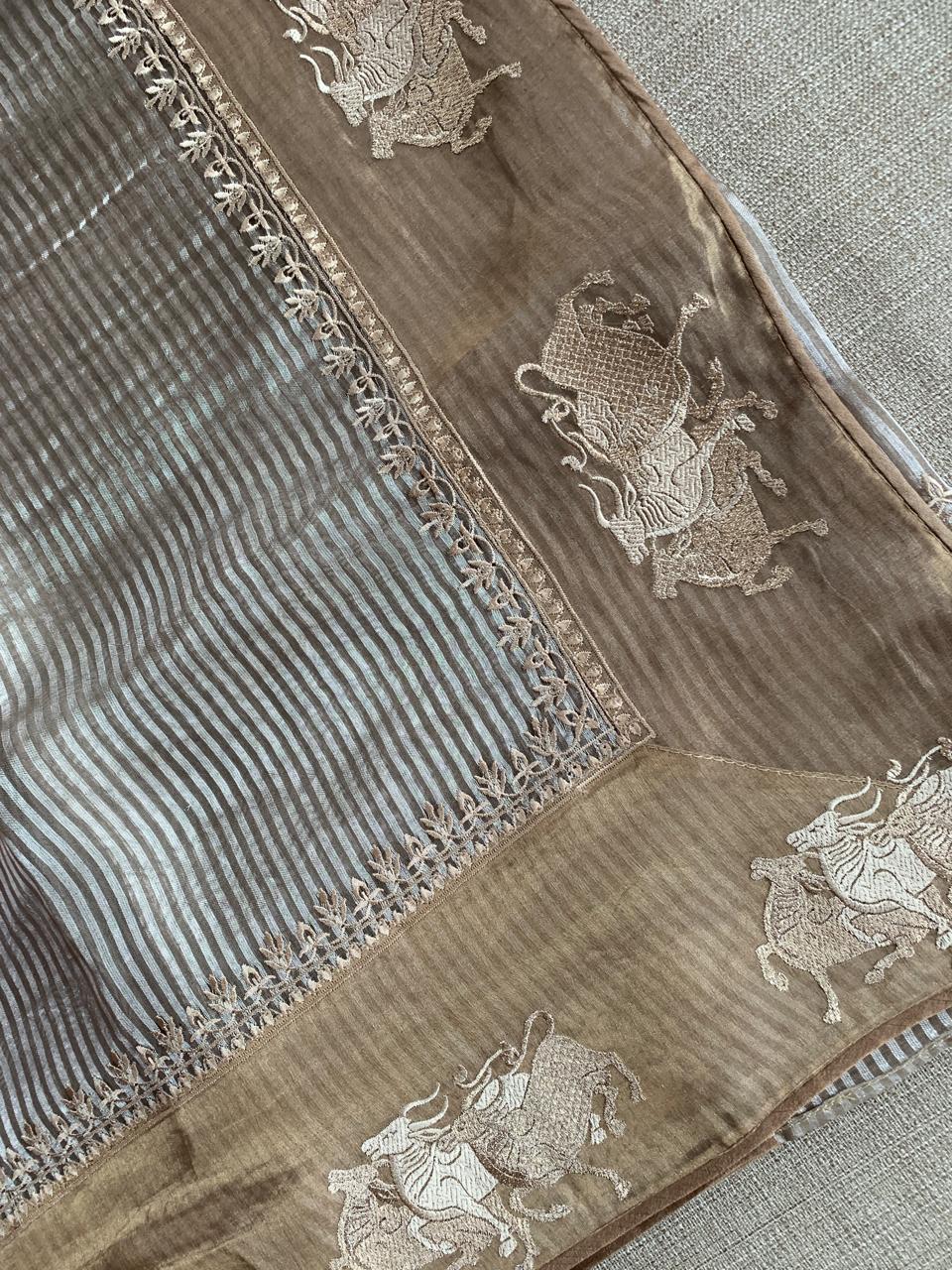 Earthy Tone Tissue Stripes Saree with Nandi Border & Tissue Petite Point Blouse