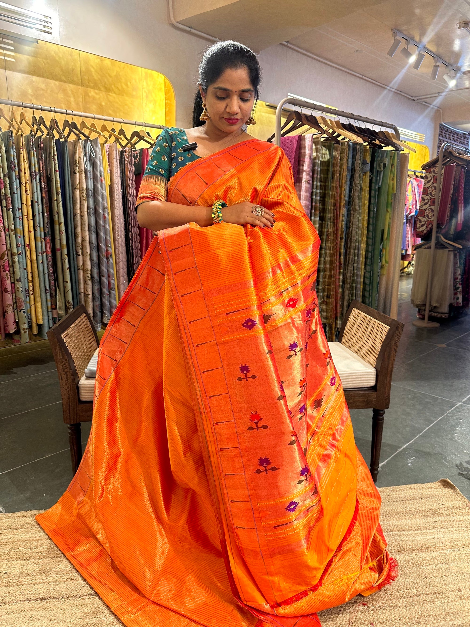 Orange tissue stripcolor single muniya pure paithani saree