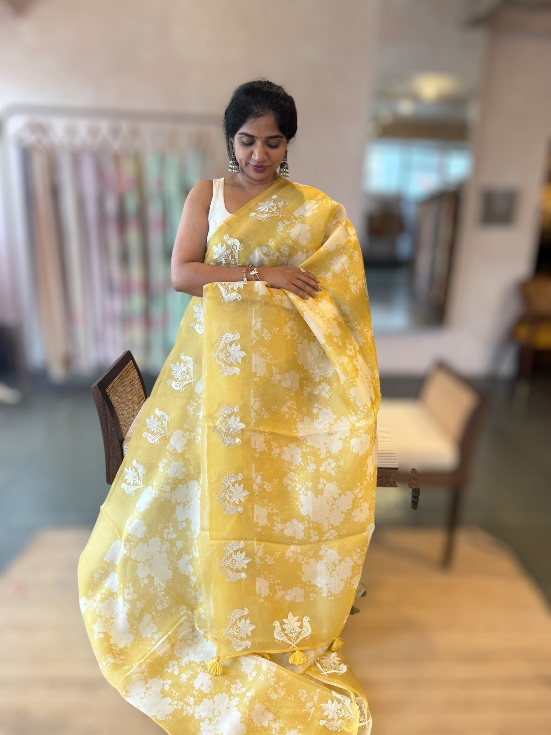 Yellow Floral Printed Pure Organza Saree With Birds  Embroidered Motif  Border