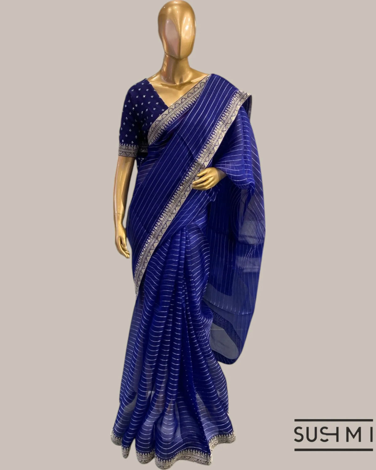Royal Blue Organza Saree with Zari stripes Hemlined with sabhyasachi border and