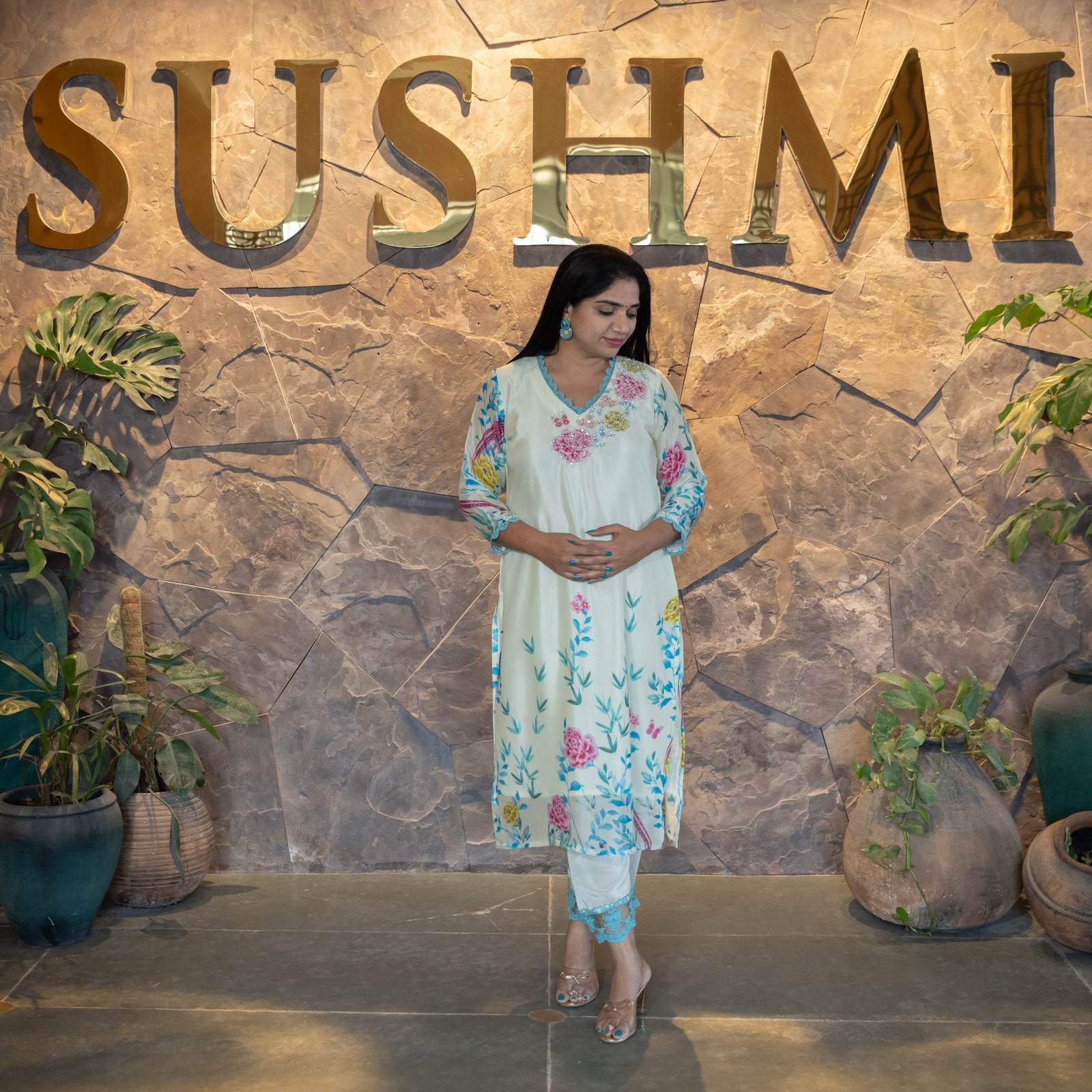 Pure Chinnon printed coordset with handwork