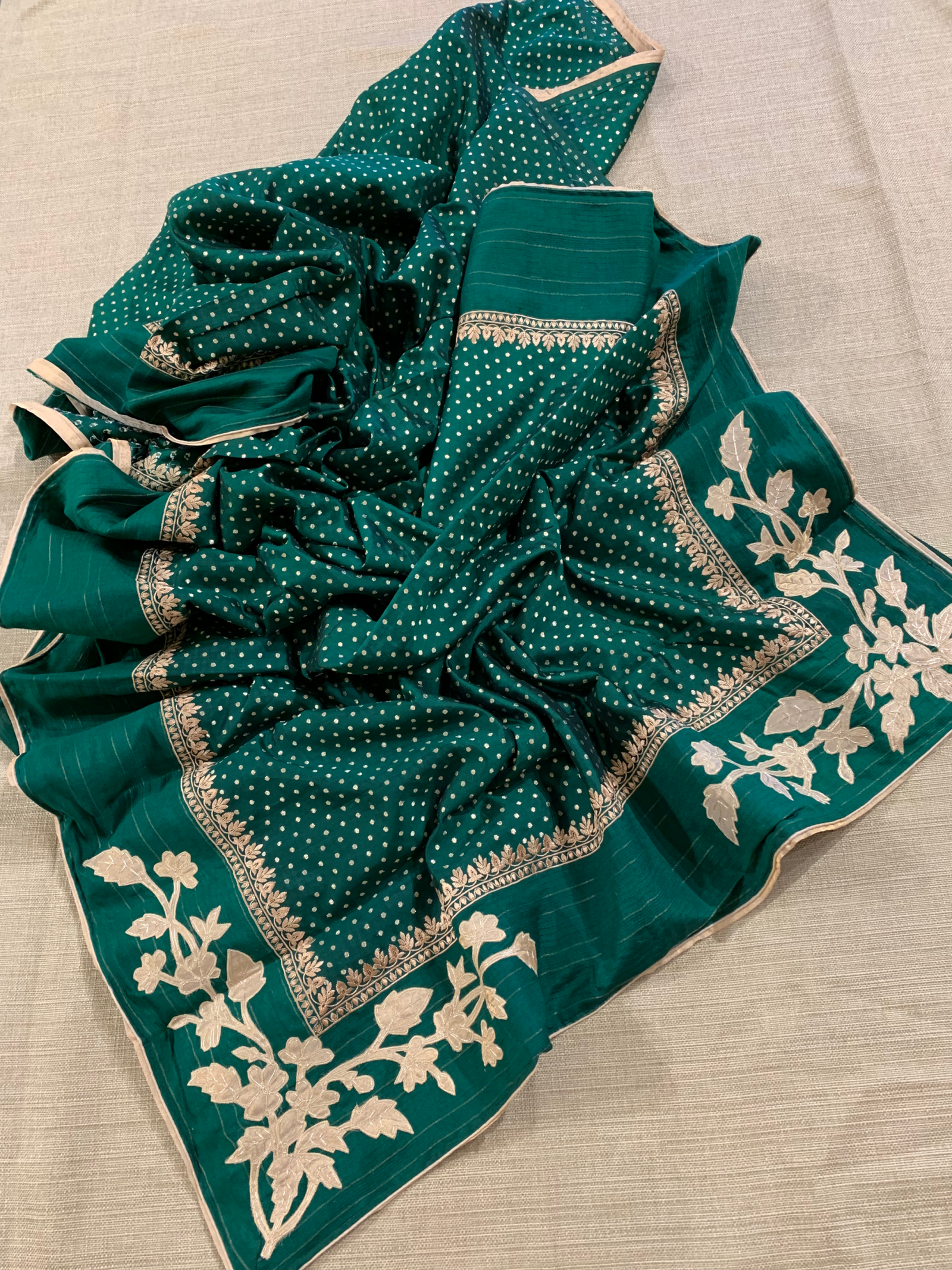 Bottle Green Chiniya Silk Saree with Embroidery Border & Applique Creeper Pallu