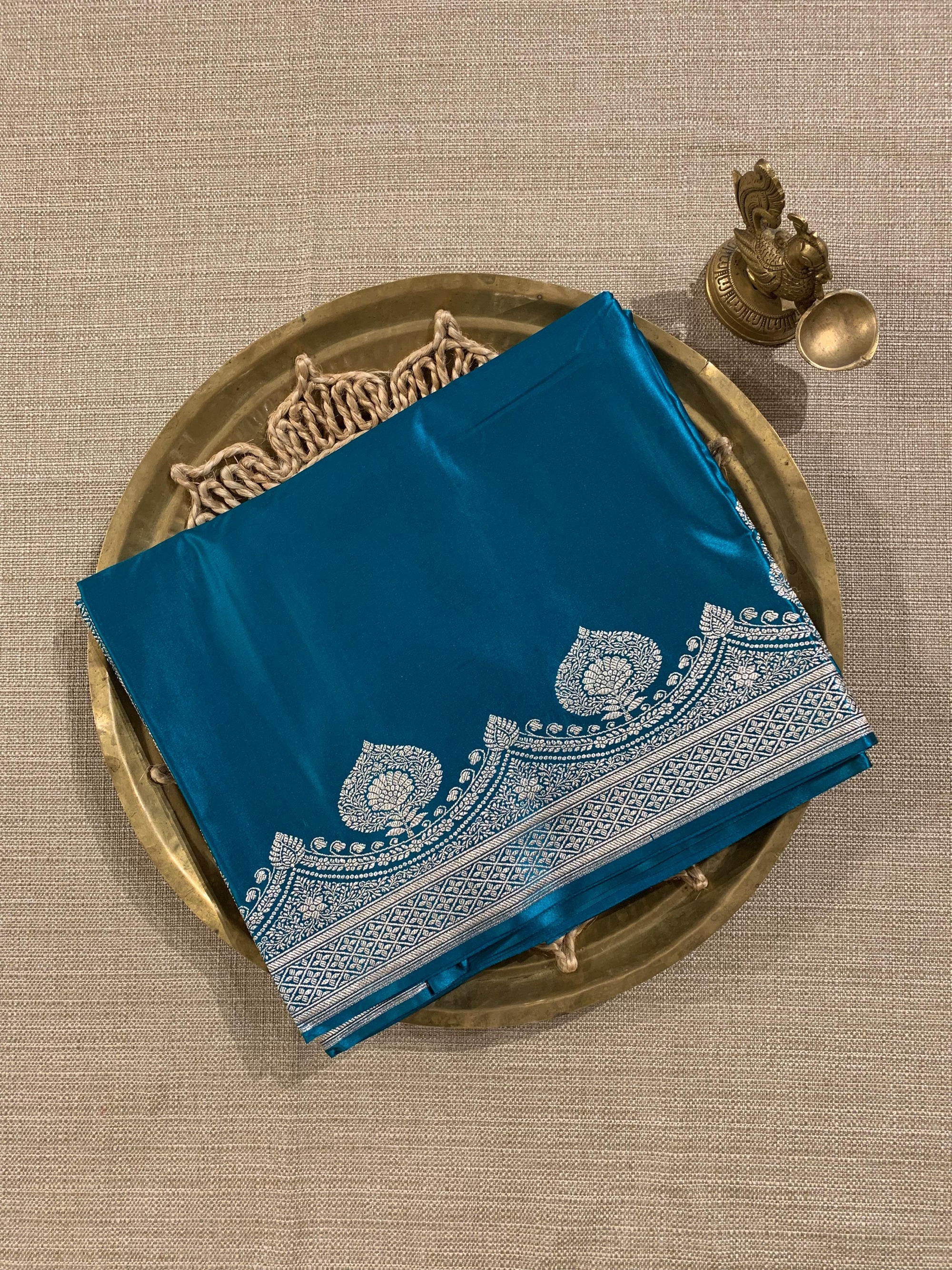 SMSSA231 Peacock Blue Mashru Silk Saree With Scallop Border