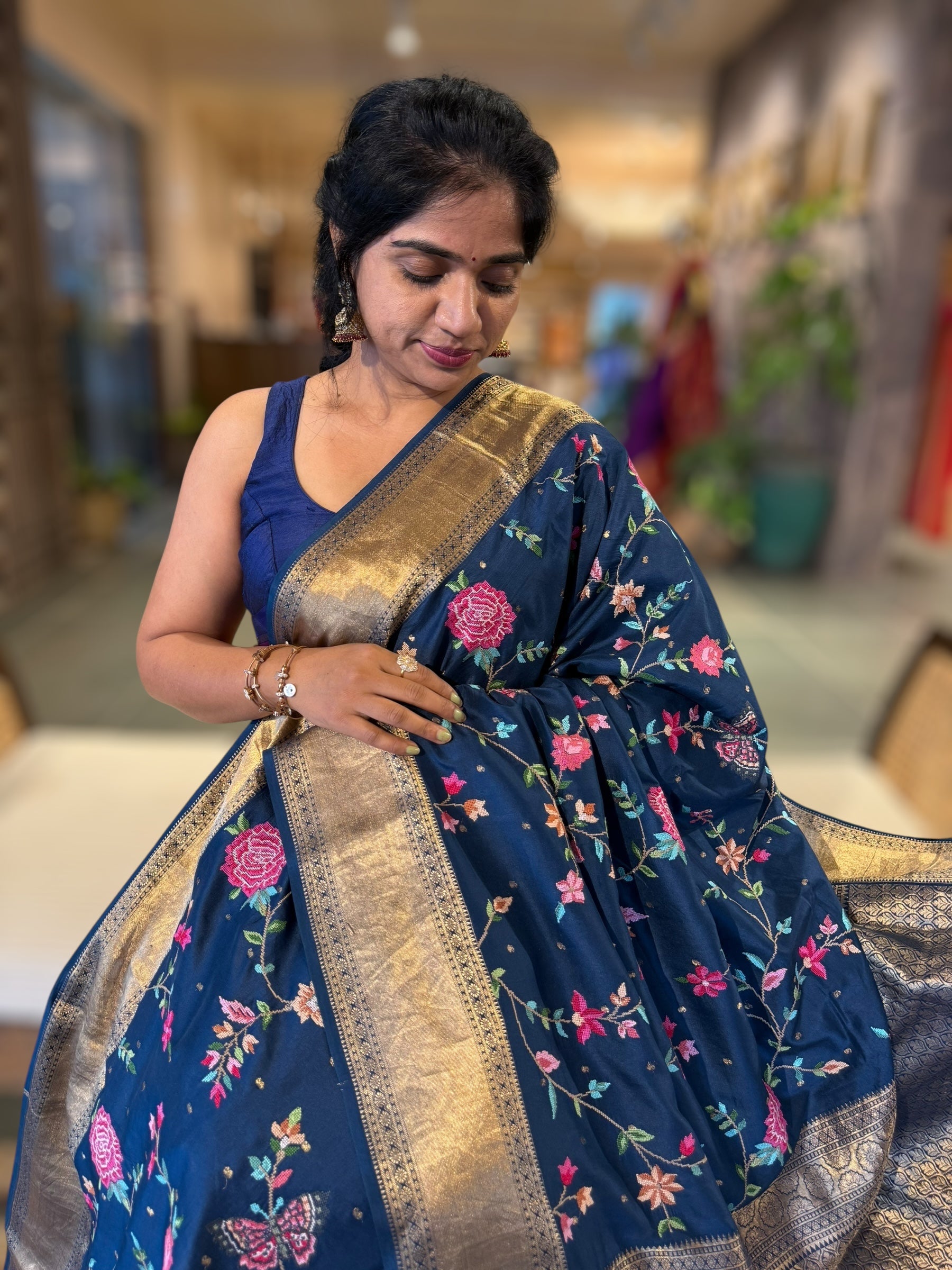 Midnight Blue Kanchi soft Silk Saree With Allover Petite Point Embroidery