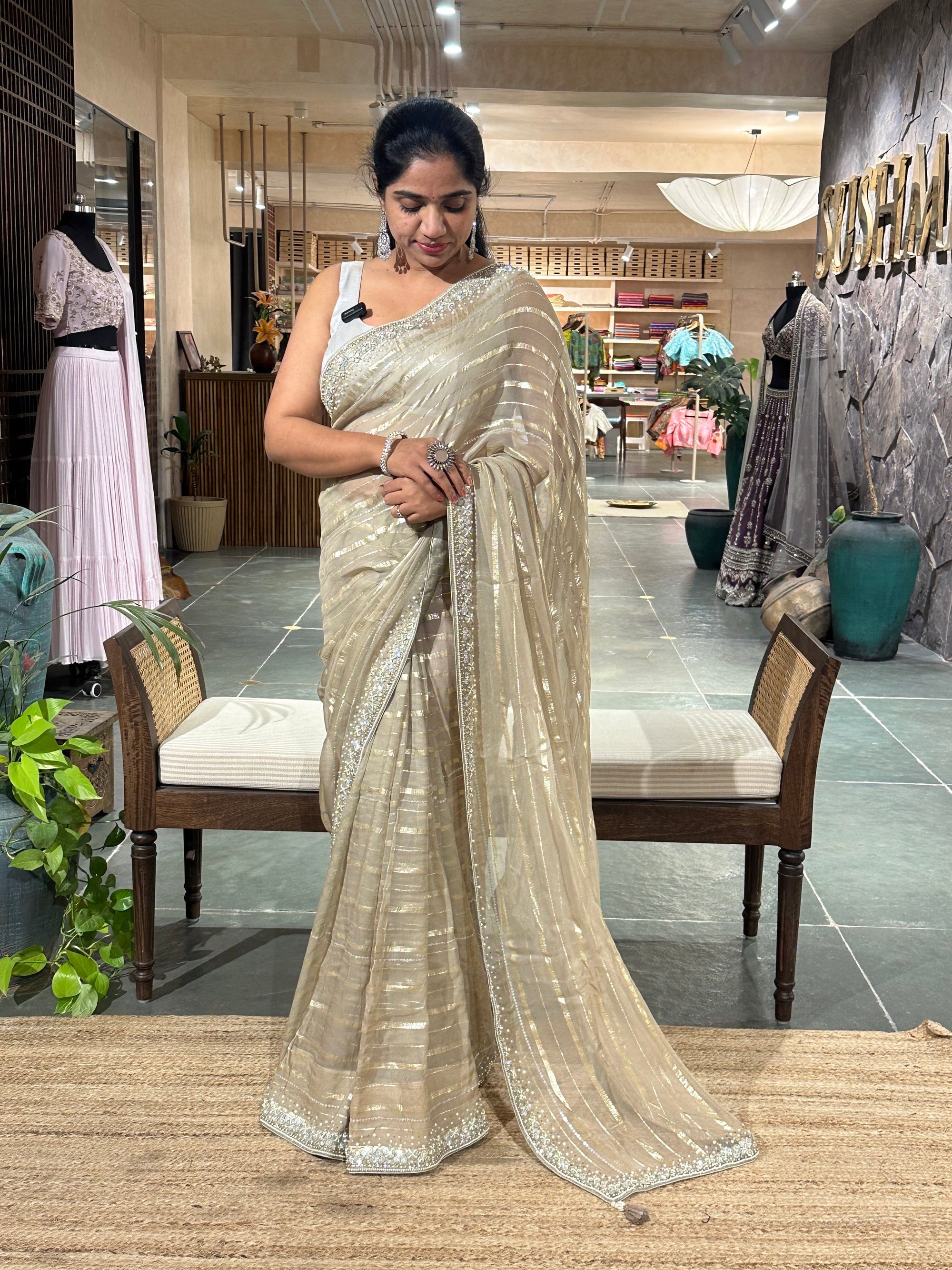 Earthy Tone Chiffon Handwork Saree with stitched happy iblouse