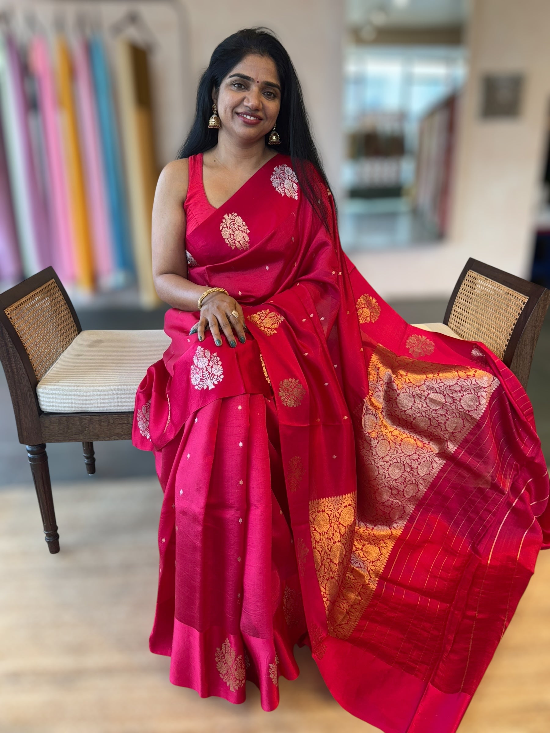 Ruby Pink Banarasi Raw Mango Silk Saree with Open Borders & Kaduwa Woven Motifs