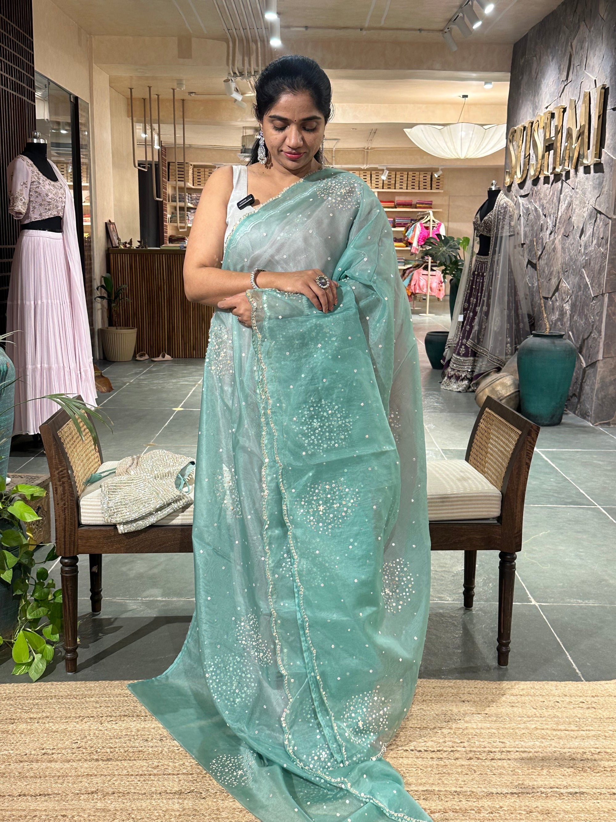 Sea Green Organza Saree with allover work and paired with heavy blouse