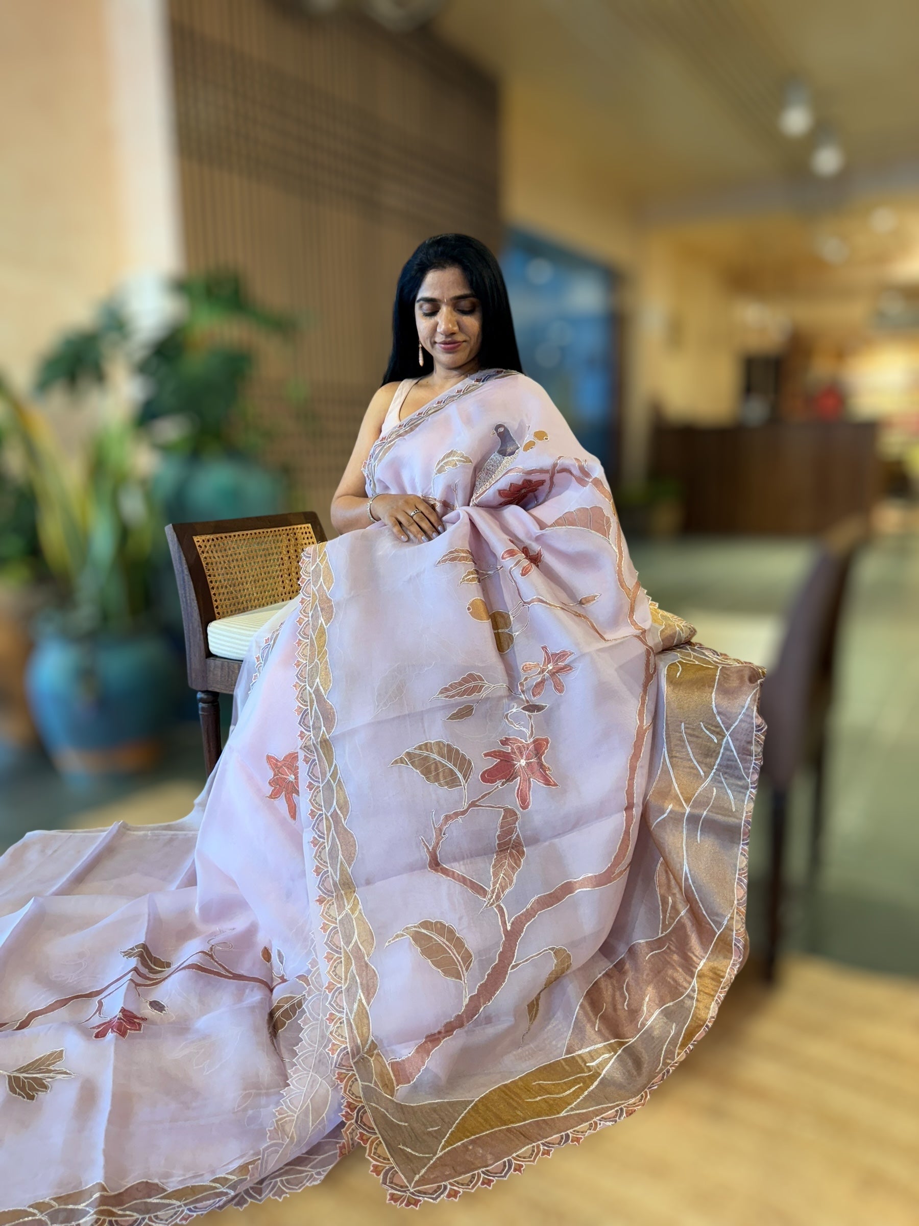 Lilac Pink Pure Organza Saree with one of a kind Tissue Applique work allover