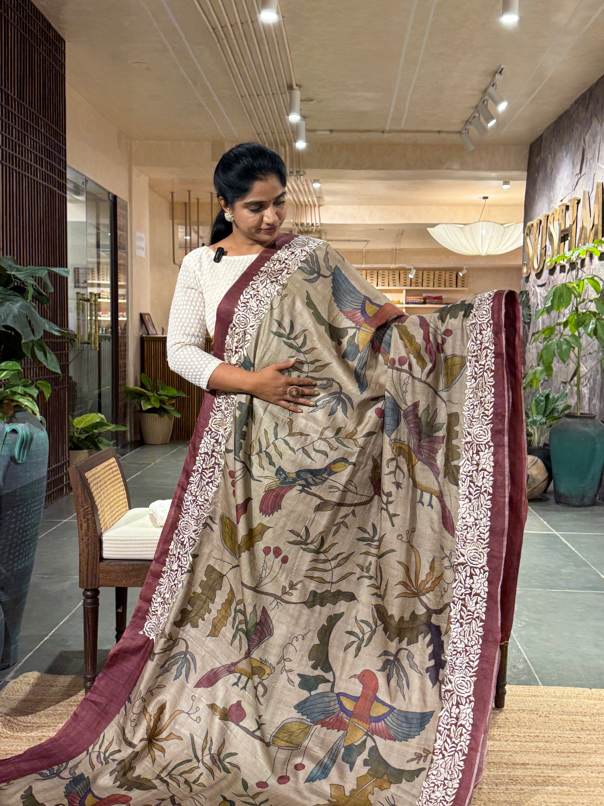 STPGA907 Pure Tussar Fusion Saree with Parsi Gara Embroidered border