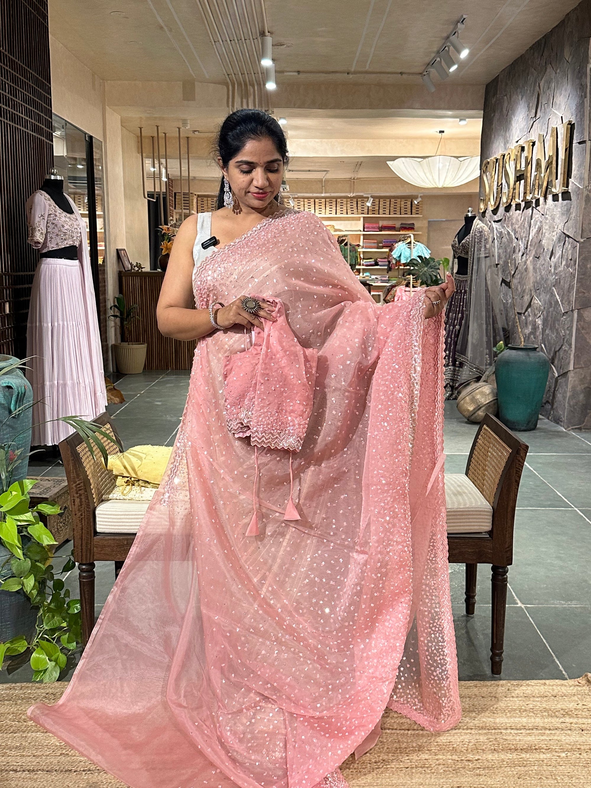 Blush Pink Organza Handwork Saree with stitched blouse