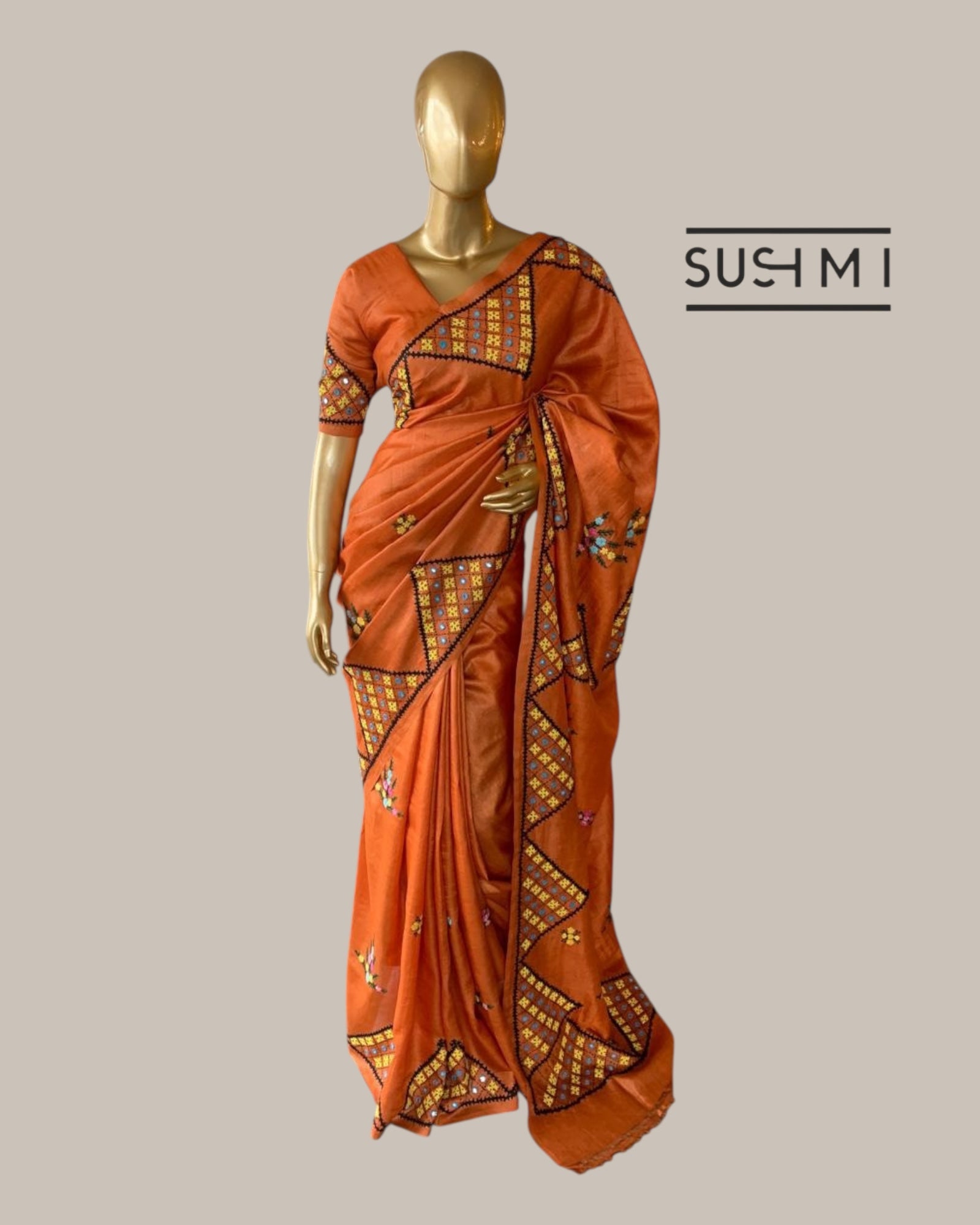 Rust Orange Pure Tussar Saree with handwork Kutch embroidered with mirrors