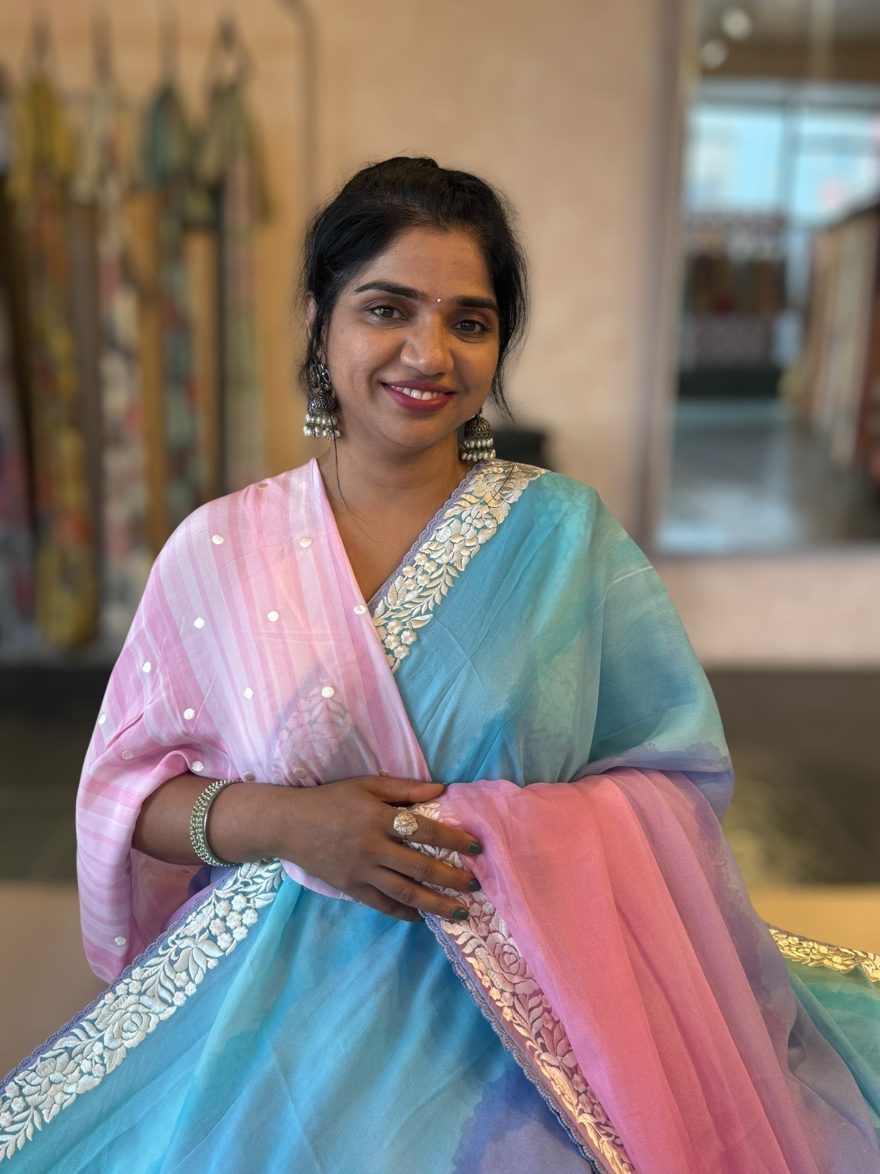 Pure Chiffon Saree with Ombre Brush dyeing & Parsi Gara Embroidered Border