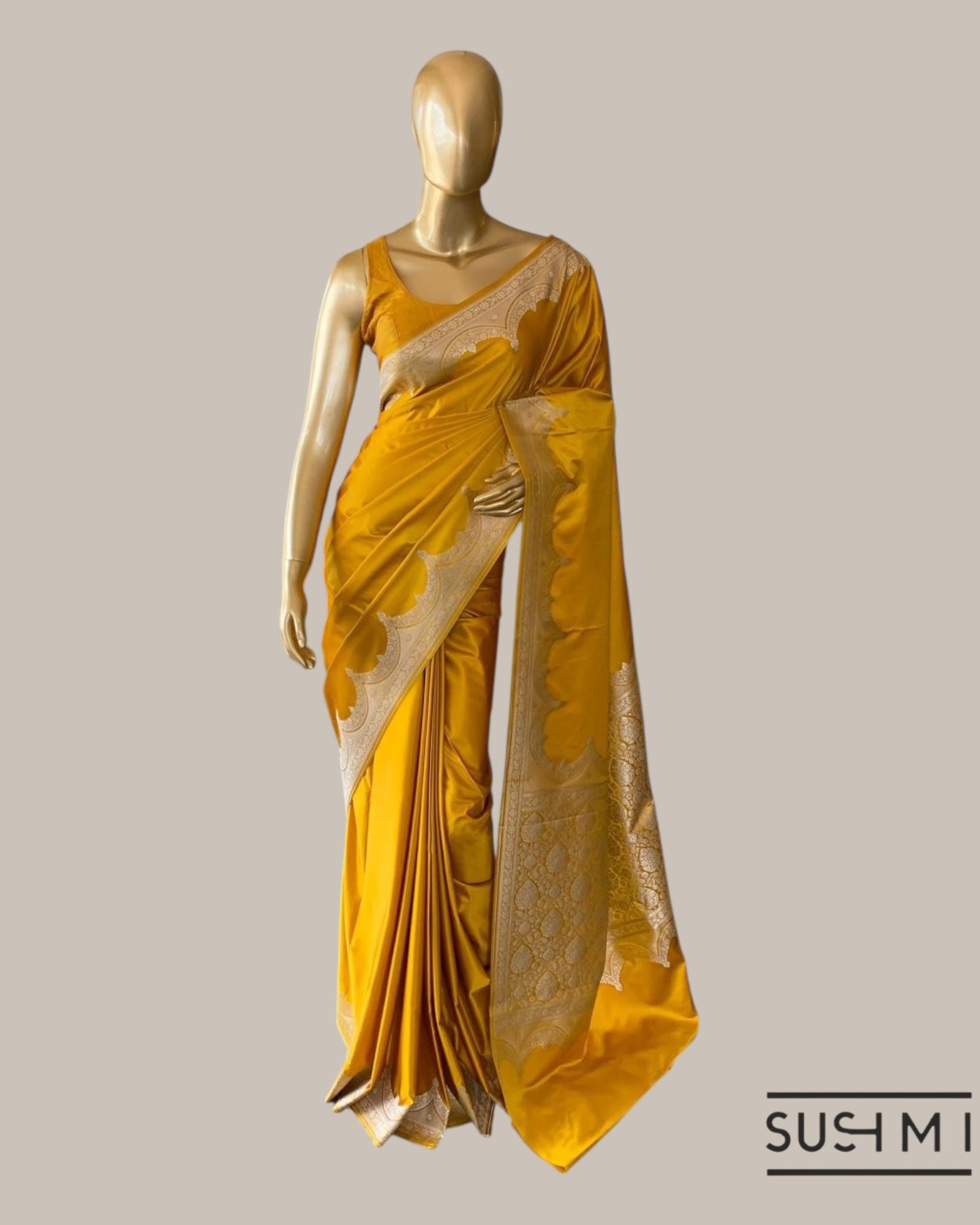 Mustard Mashru Silk Saree With Scalloped Border