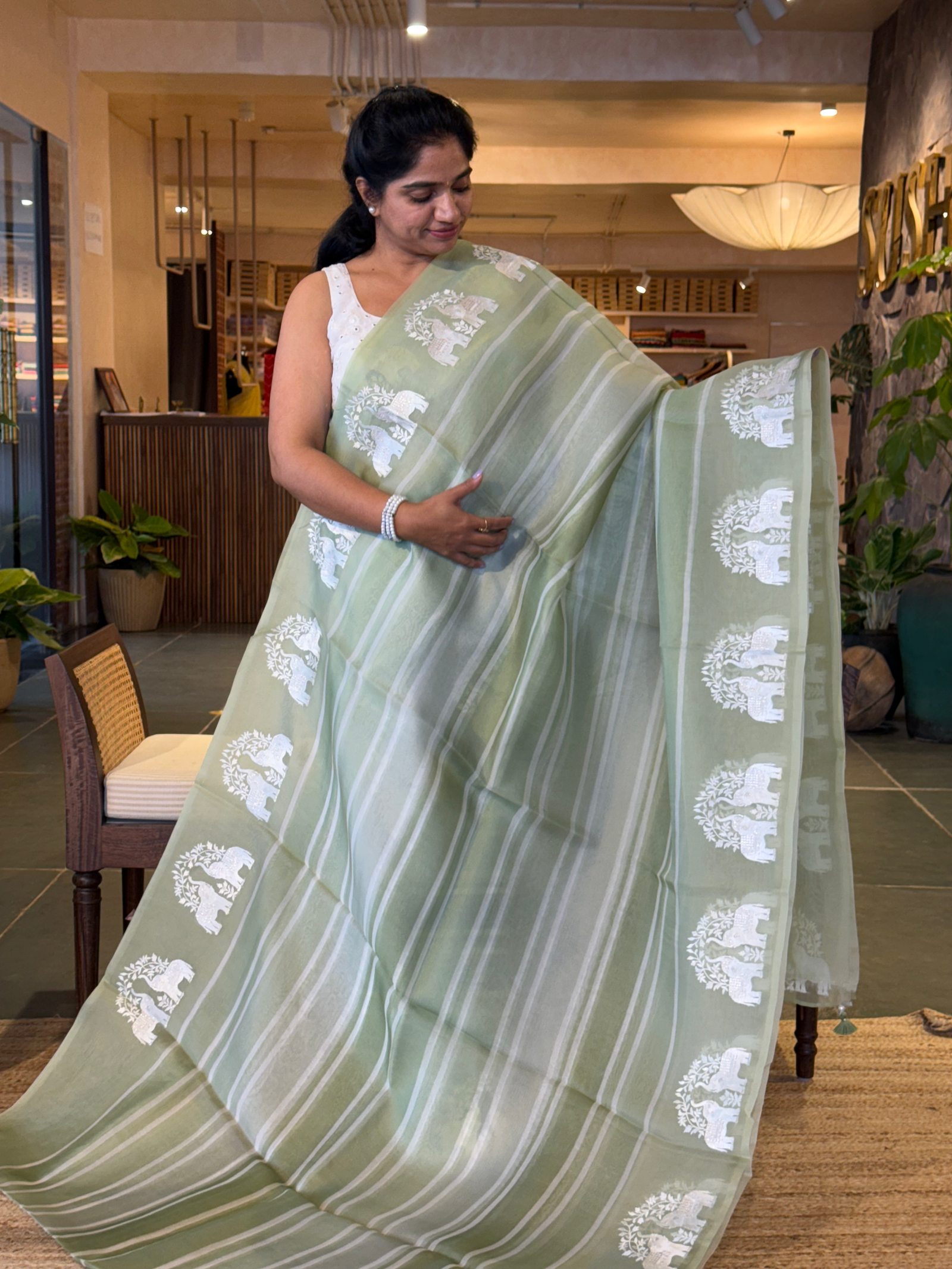 DOEA2704 Sage Green Shaded Pure Organza  Saree with Embroidery