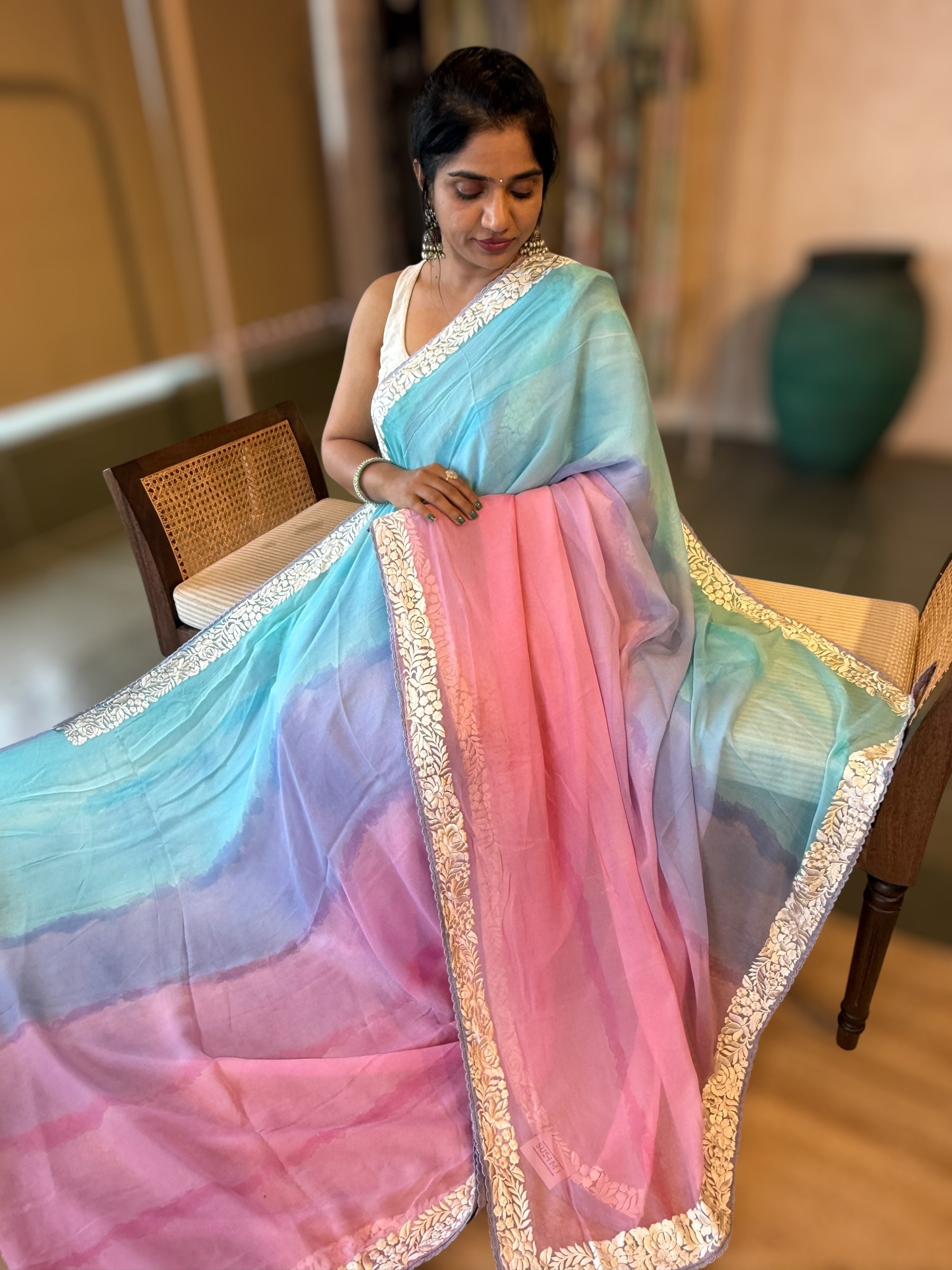 Pure Chiffon Saree with Ombre Brush dyeing & Parsi Gara Embroidered Border