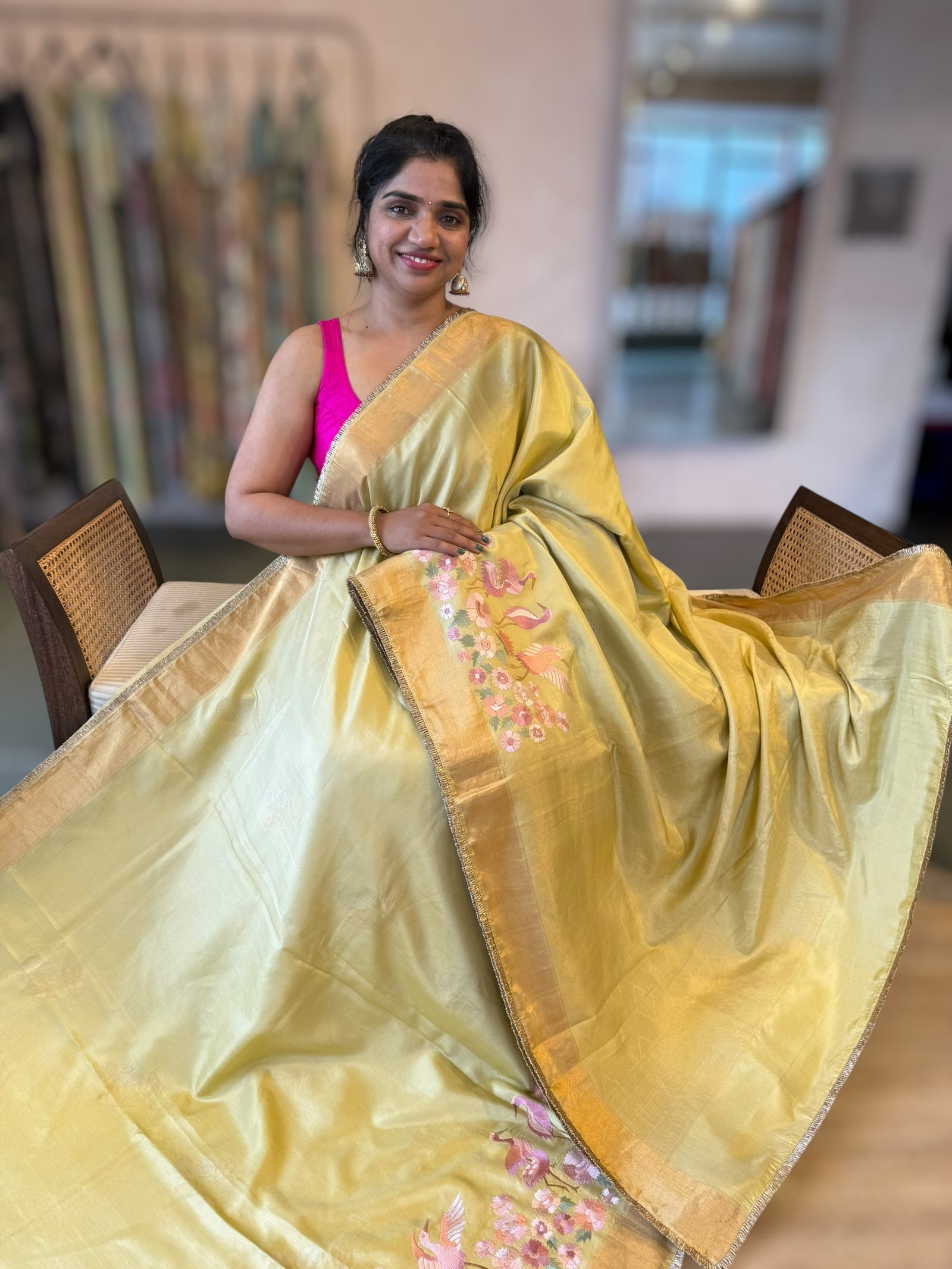 Pale Gold Green Kanchi Silk Saree in With  Parsi Gara  Embroidered Border