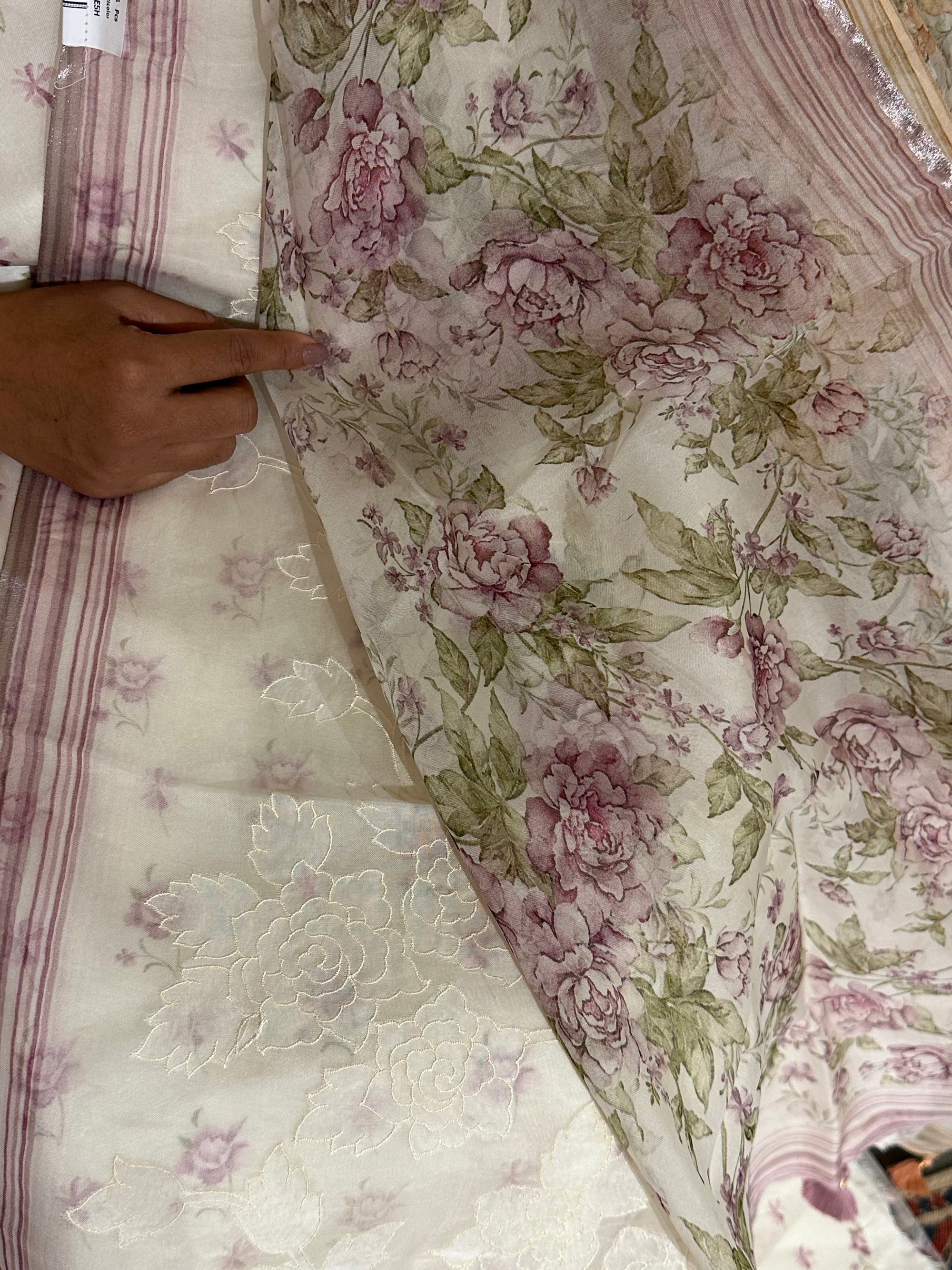 Lavender floral print Pure Organza printed 3-pc unsticthed Suit set