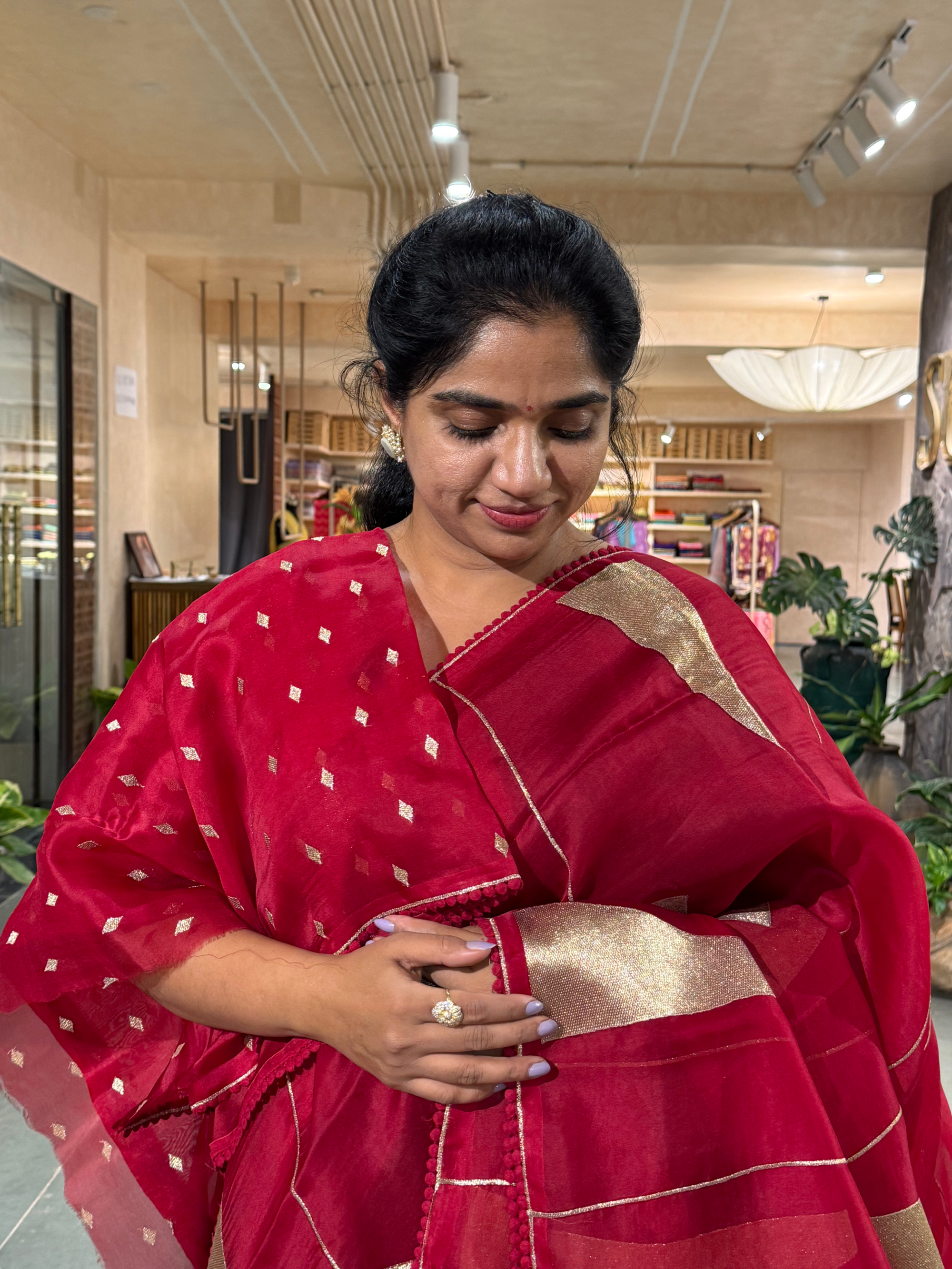 SOCA106 Meroon Red Pure Organza Silk Saree in contemporary style