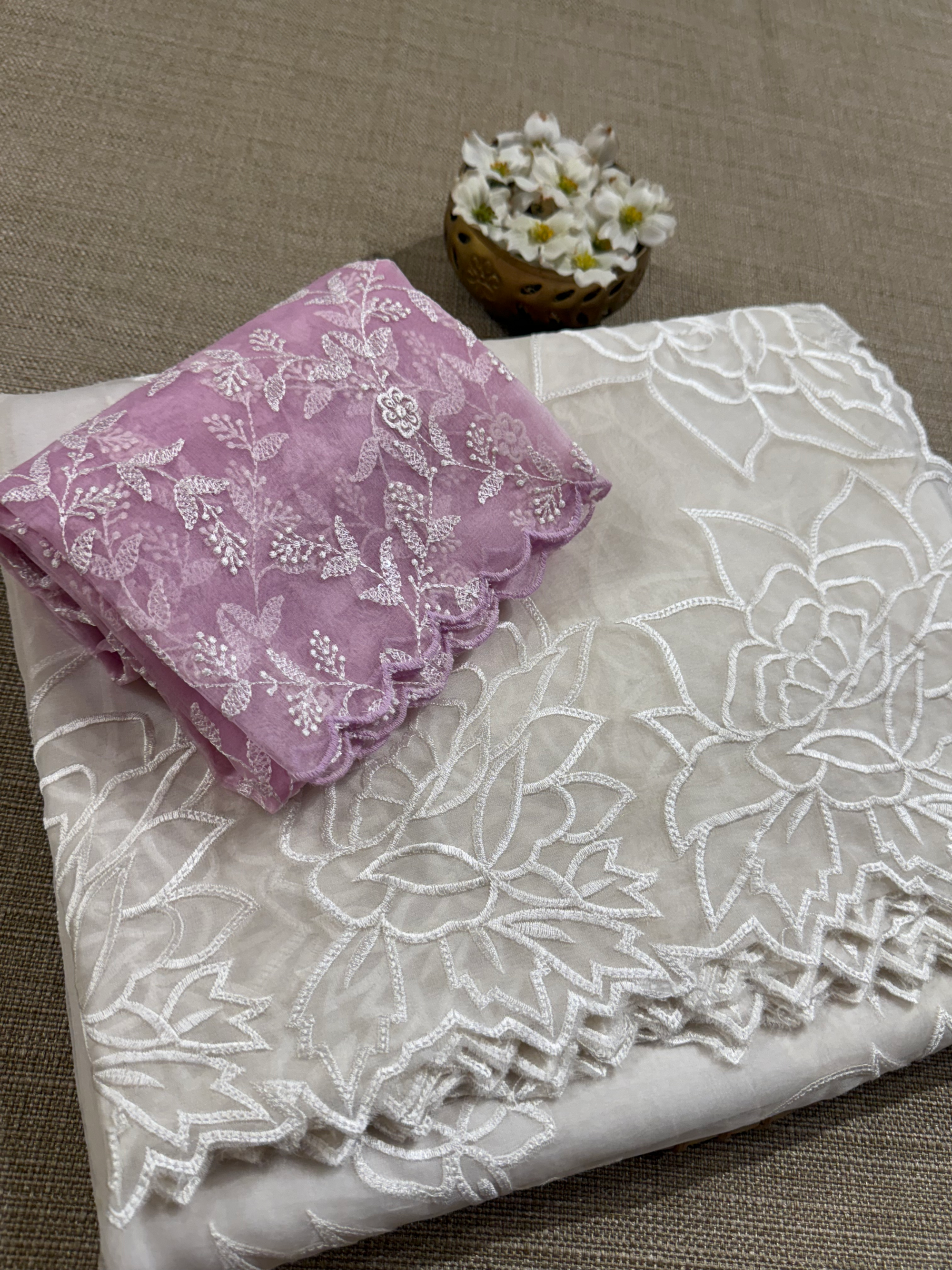 OROSEV1901 : White Organza Saree with Embroidered Rose Border