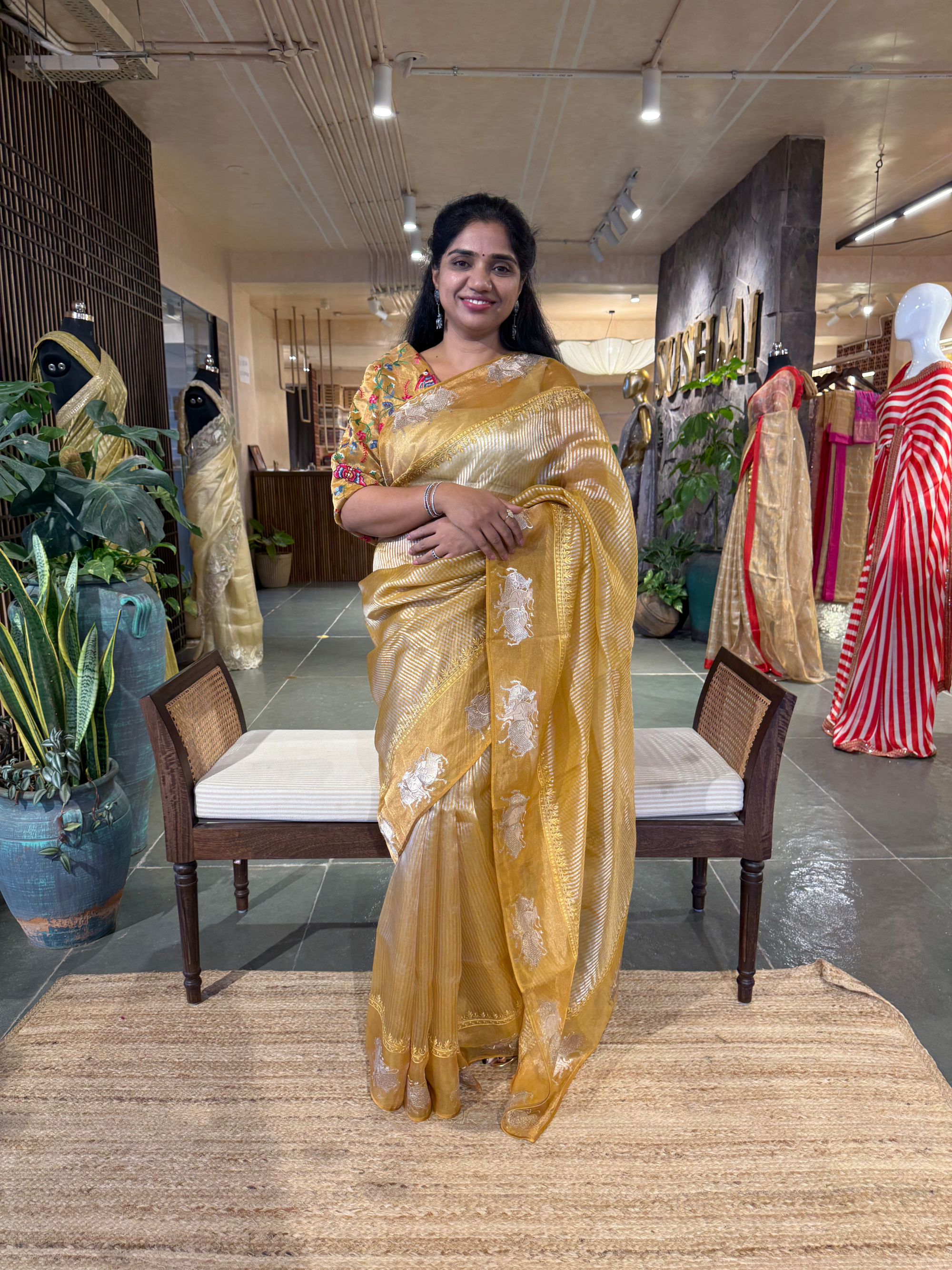 Mustard Tissue Stripes Saree with Nandi Border & Tissue Petite Point Blouse