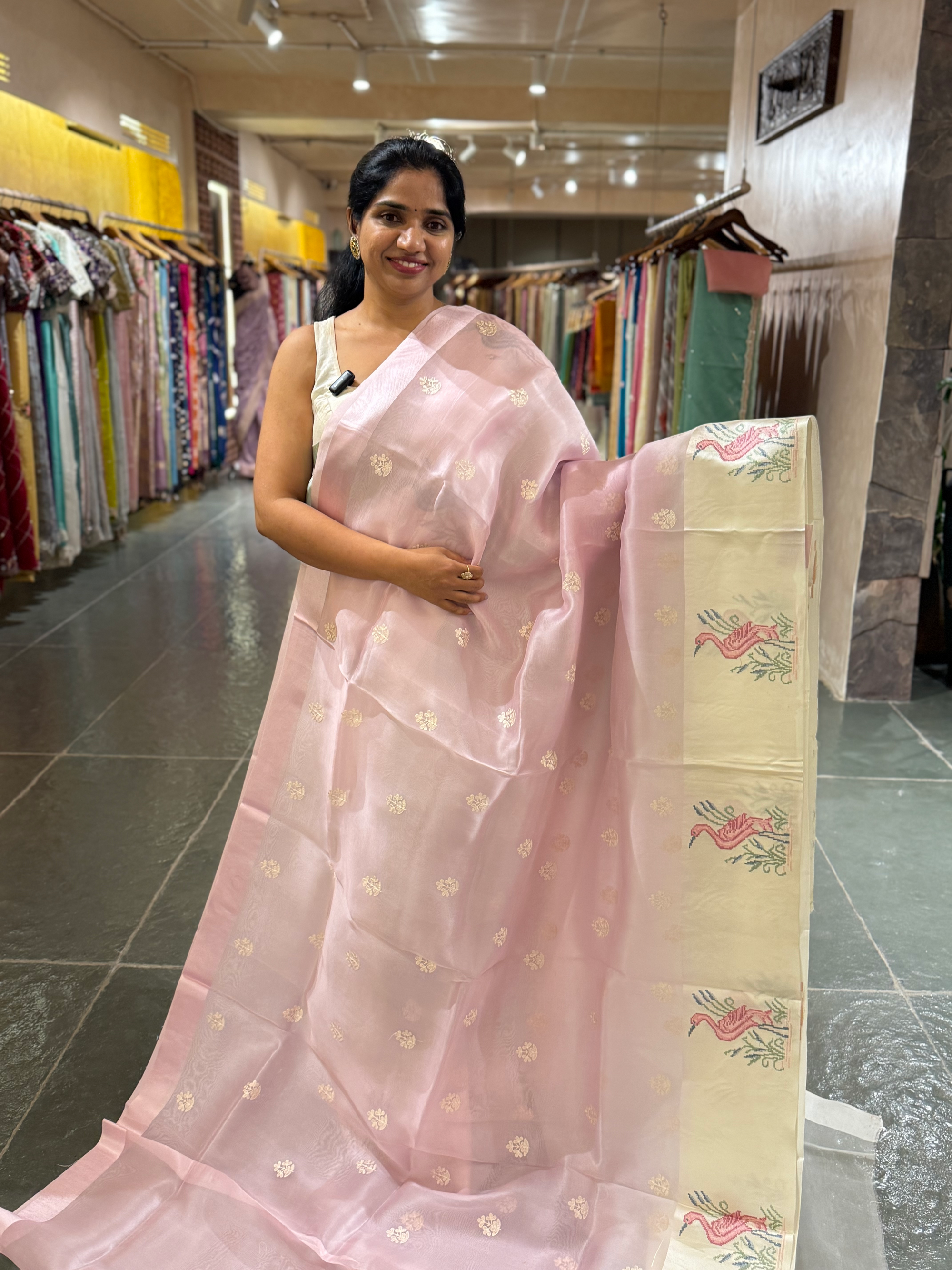 Pink Pure Organza Silk Saree with Petite Point Embriodered Swans Mashru Borders
