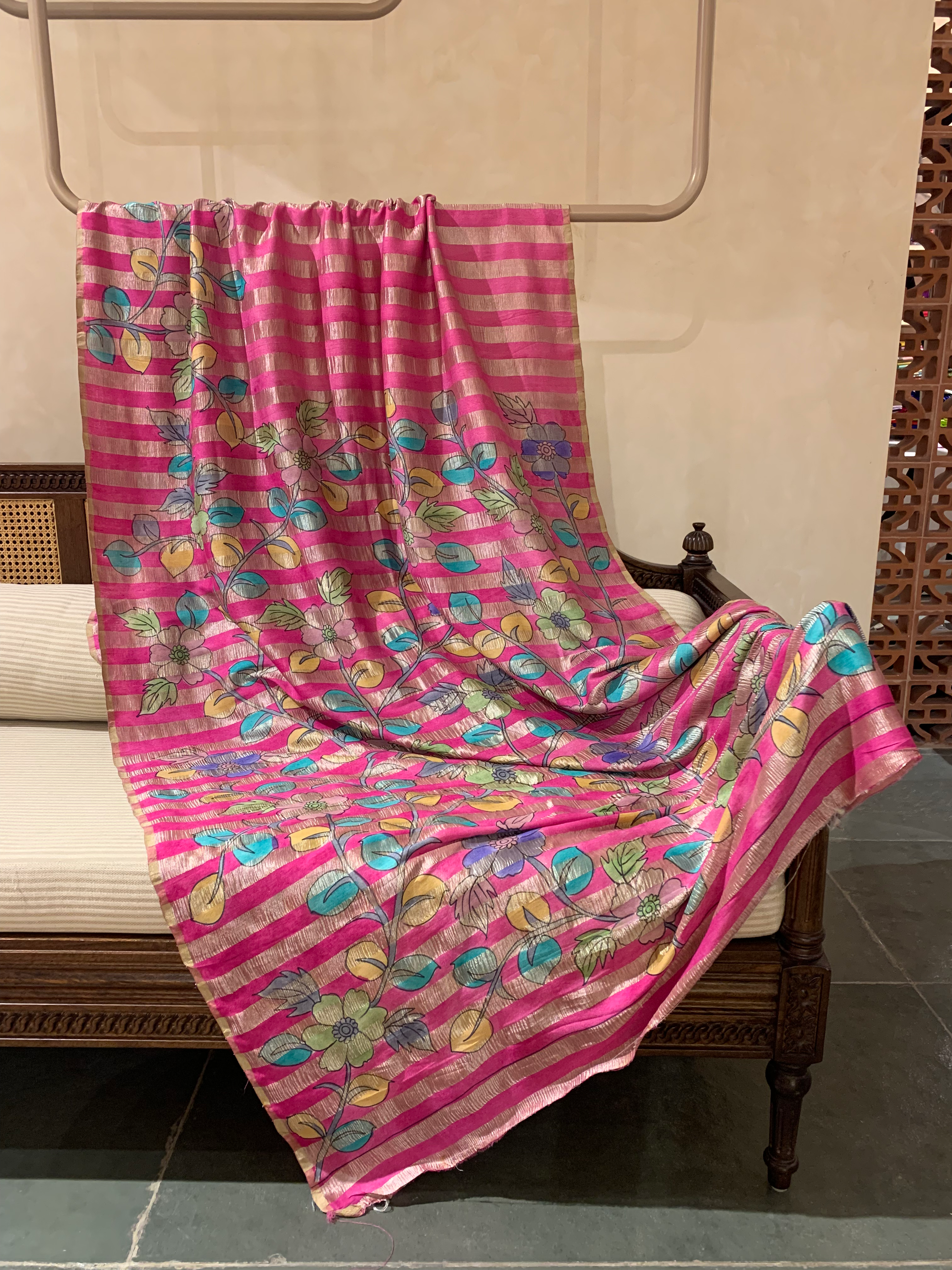 SMTKM1710 Pure Handloom Munga Silk Wth Tissue Stripes & kalamkari Handpainting