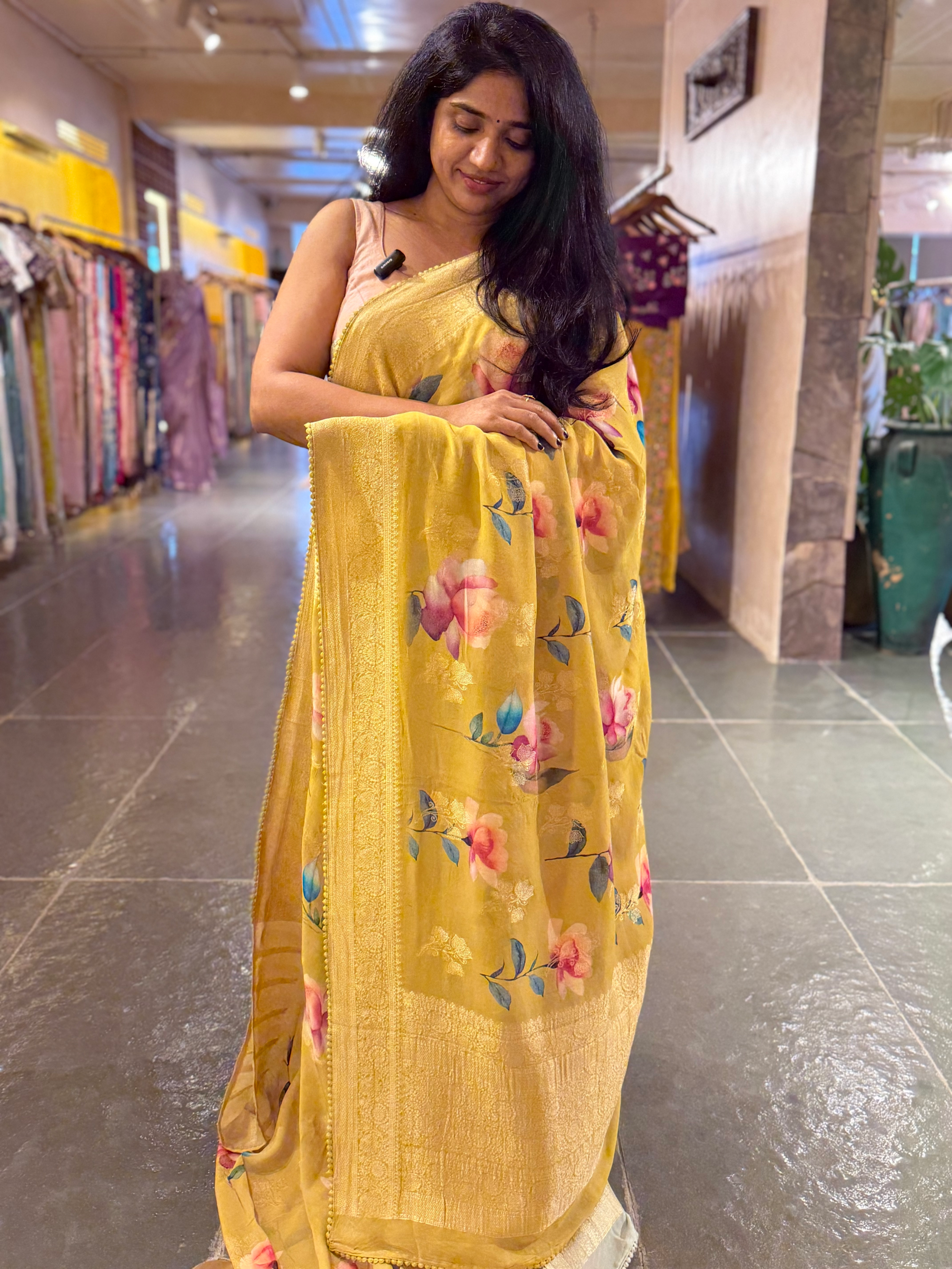 Mustard / Lime Banarasi Khaddi Gorgette Sarees with Floral Print