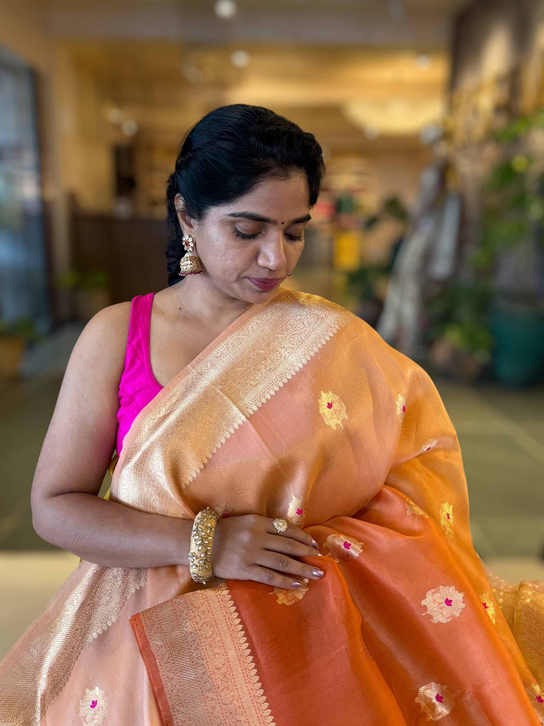Rust Shaded Premium Kora Banarasi Saree with Allover Meenakari Kaduwa Motifs
