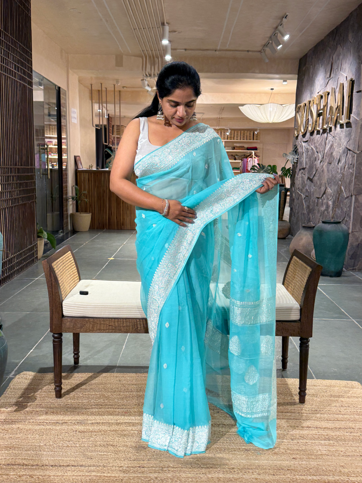 Sea Blue Banarasi Chiffon Saree With Silver Zari Weaving