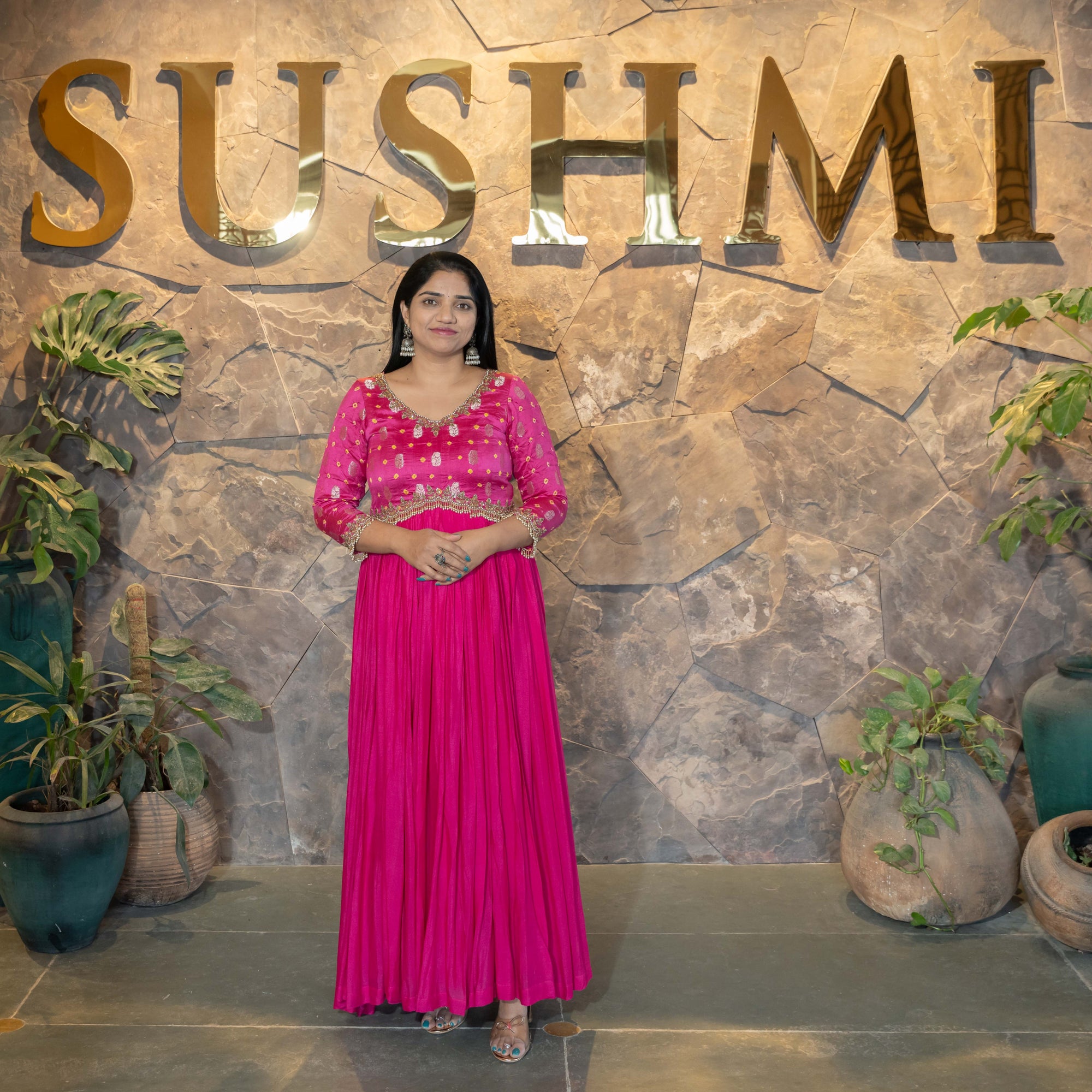 Bandhini Long  Frock with handwork yoke