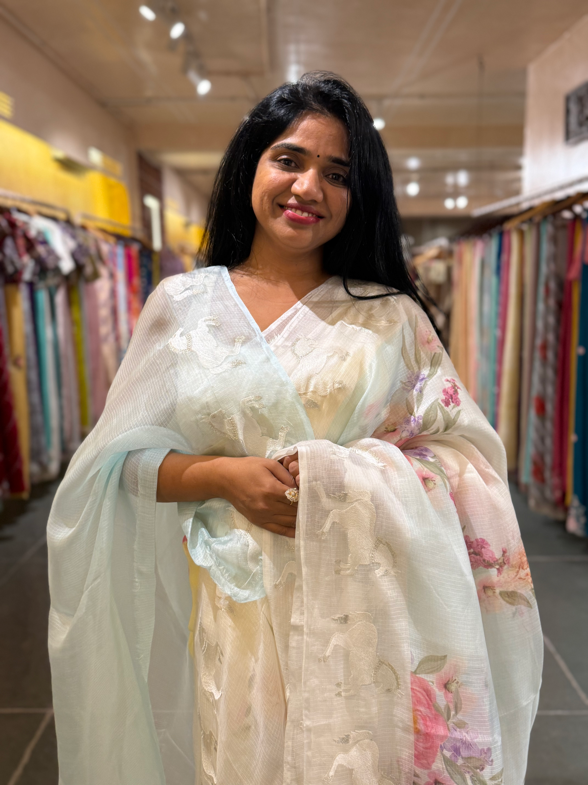 Baby Blue & white Silk kota with floral print &  horse embroidered borders