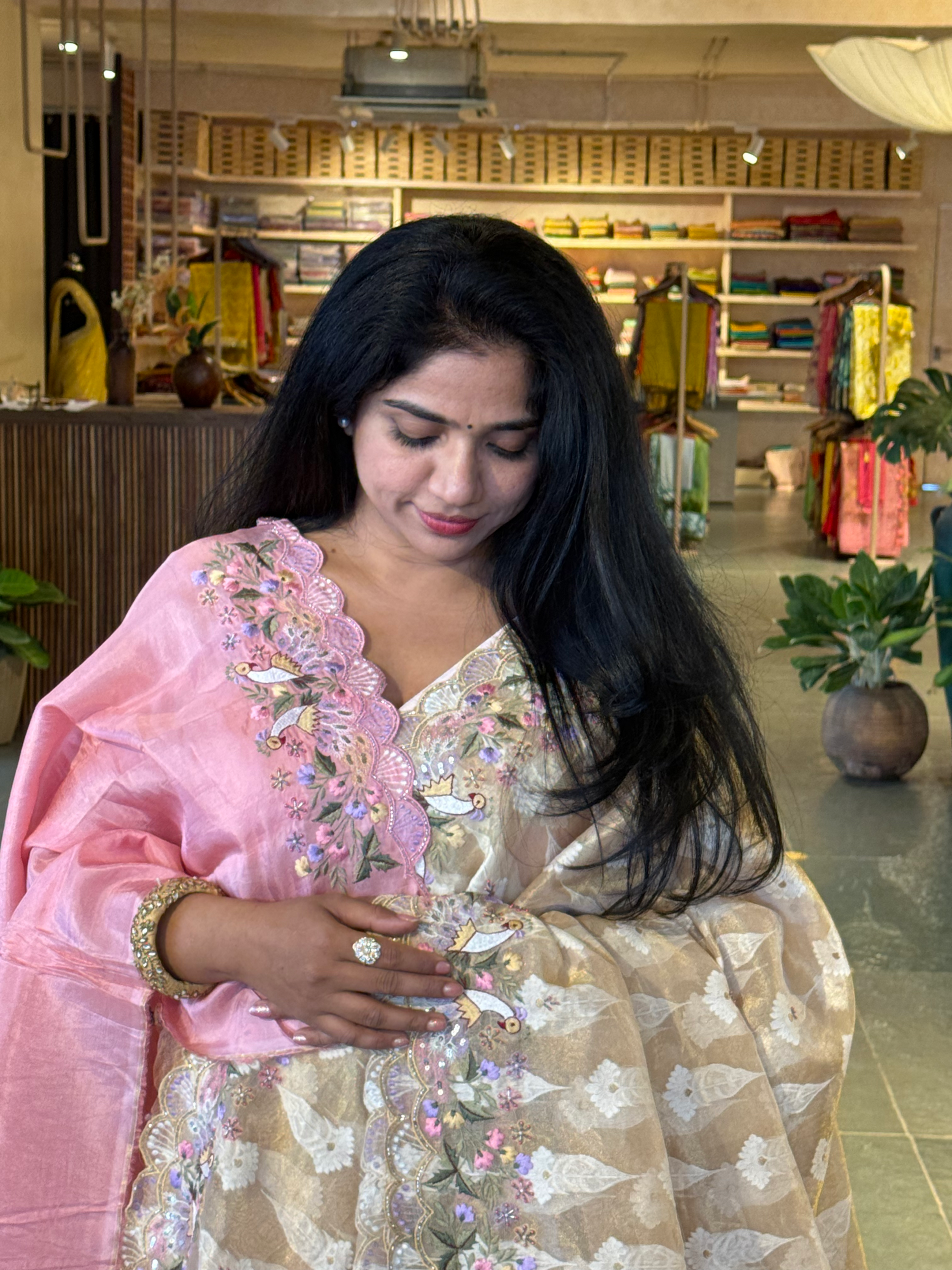 GTEA2002 : Pure Handloom Gold Tissue Saree With handwork borders and blouse