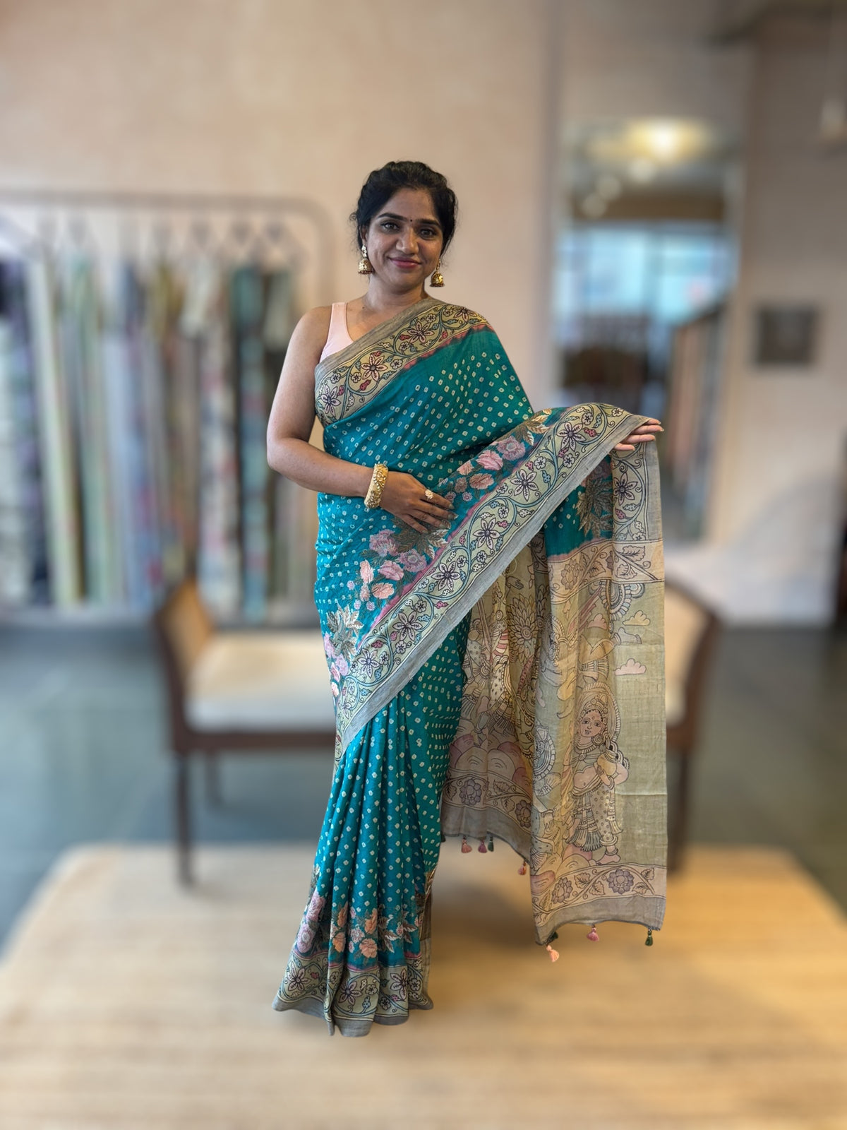 Teal Tussar Bandhini Saree With Pen kalamkari Border & Petite Point Emb Blouse