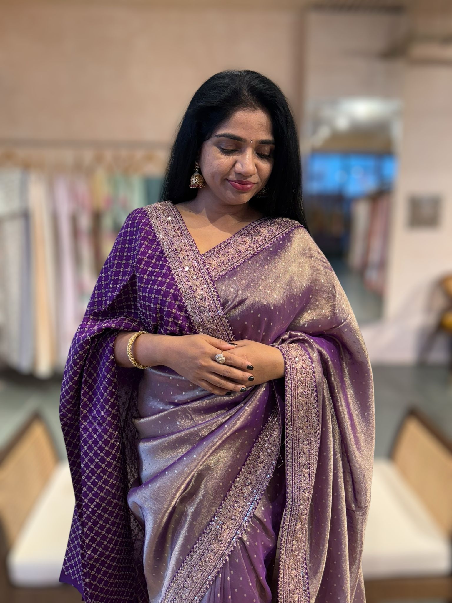 PurpleTissue Gorgette saree witj sabyasachi borders and allover pitawork blouse