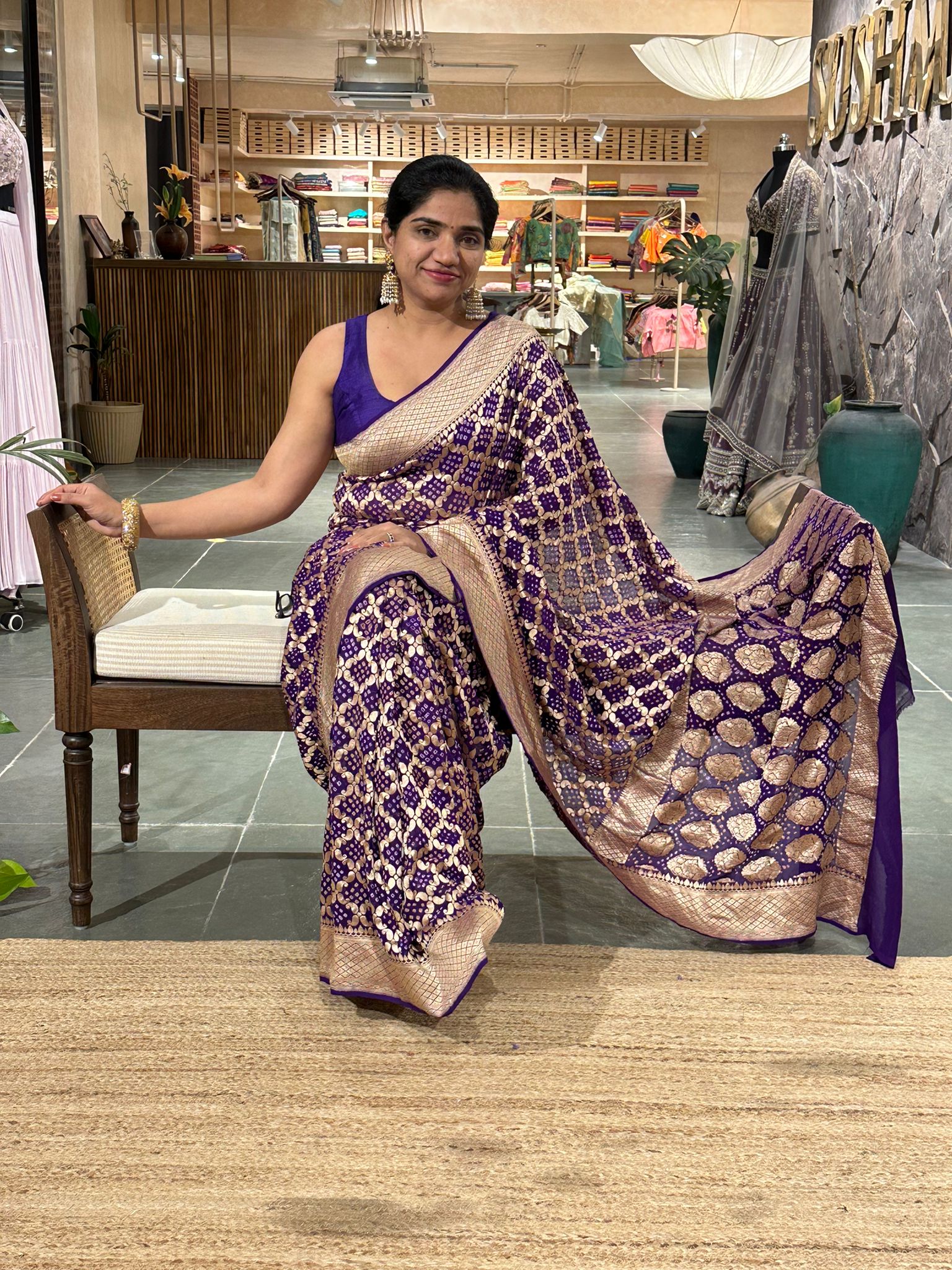 Purple blue banarsi khaddi georgette handmade bandhej work