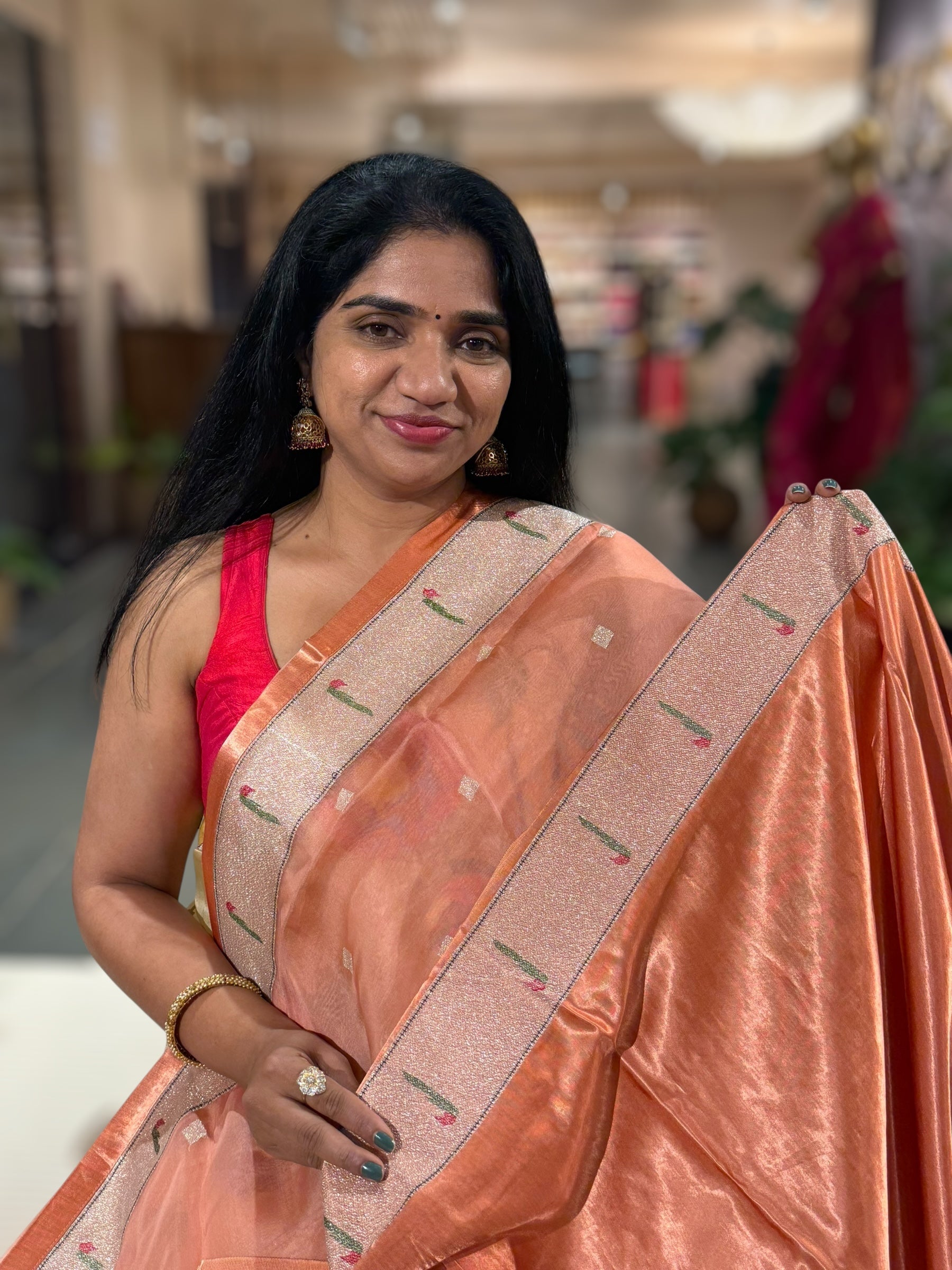 Peach Organza Silk Saree With Jamdani Inspired Embroidery