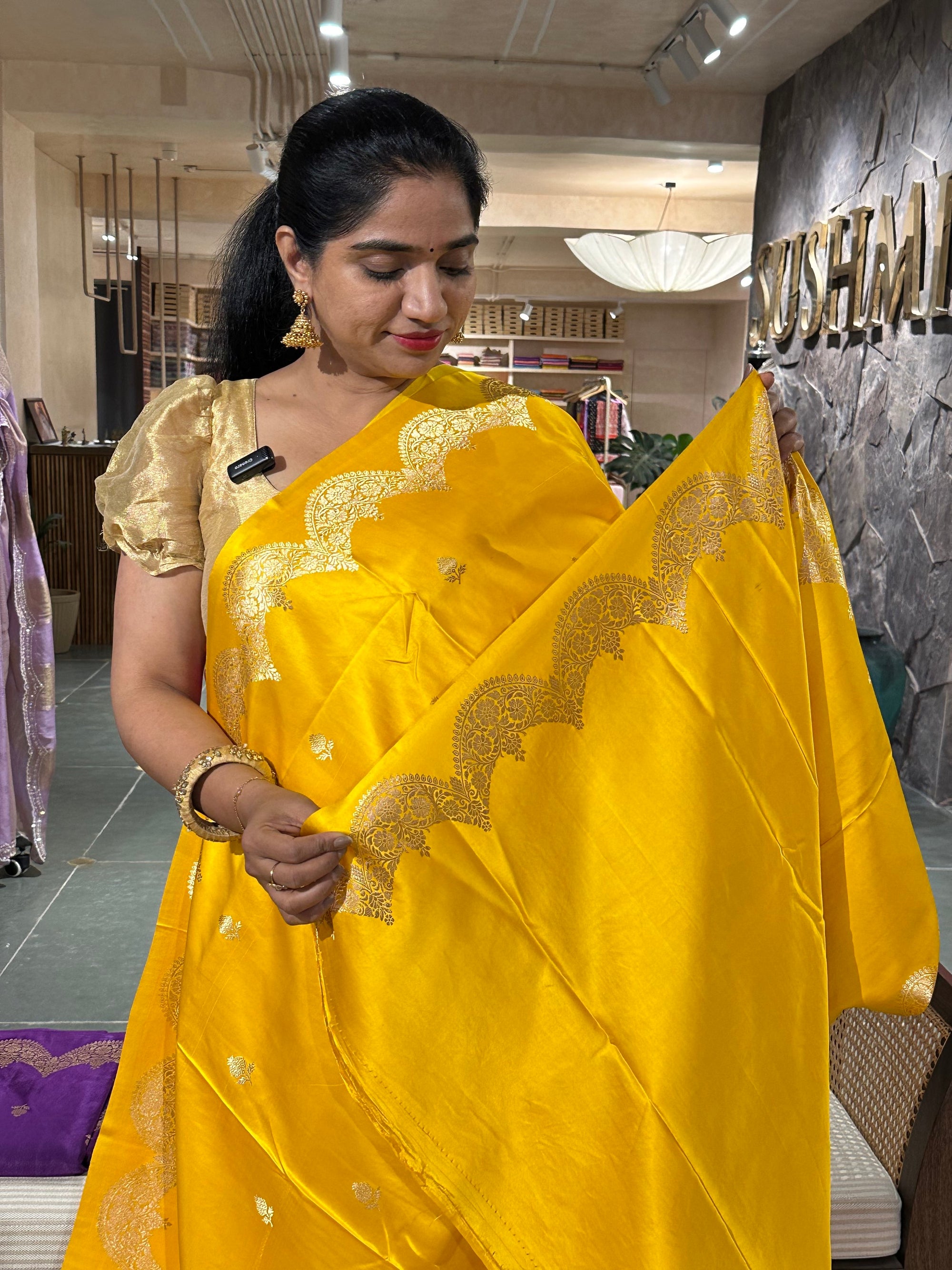 Yellow Pure Banarasi Handloom Mashru Silk Saree  with kaduwa weaving